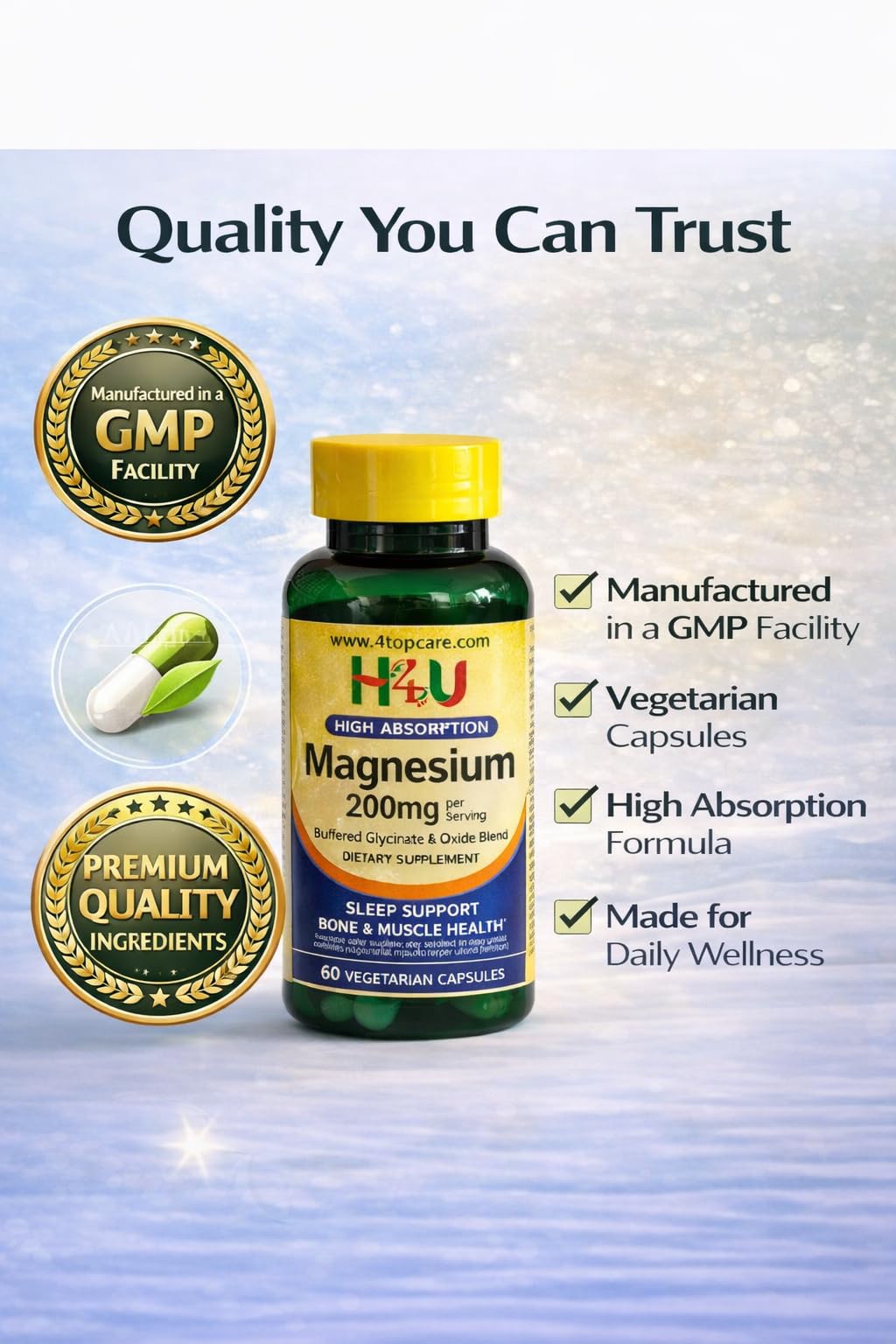 H4U Magnesium Complex 200mg Capsules, 60 Count