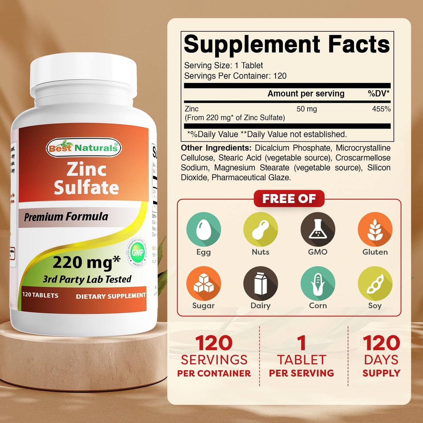 Best Naturals Zinc Sulfate 220 mg Tablets, 120 Tablets