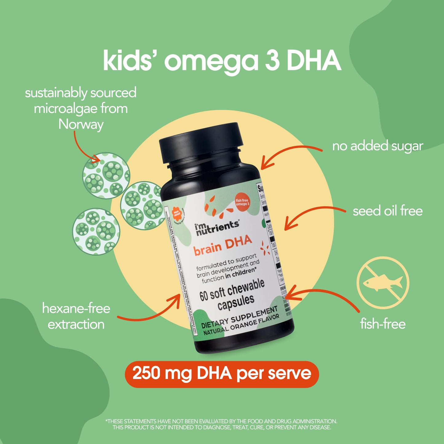 I'm Nutrients Brain DHA Algae Omega 3 Supplement for Kids Chewable, 60 Count