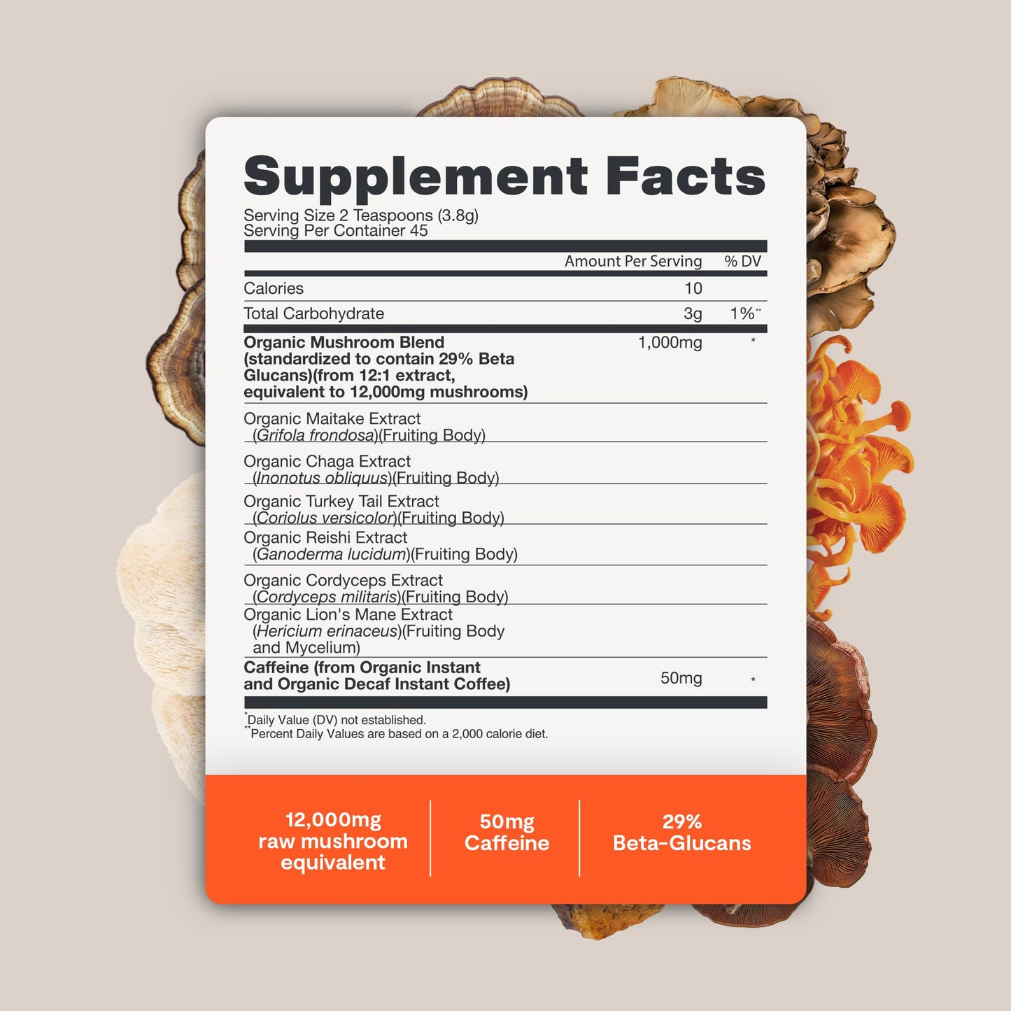 FreshCap Mushrooms Premium Organic Mushroom Coffee Powder 12:1 Fruiting Body Extract 29% Beta-Glucans 45 Servings