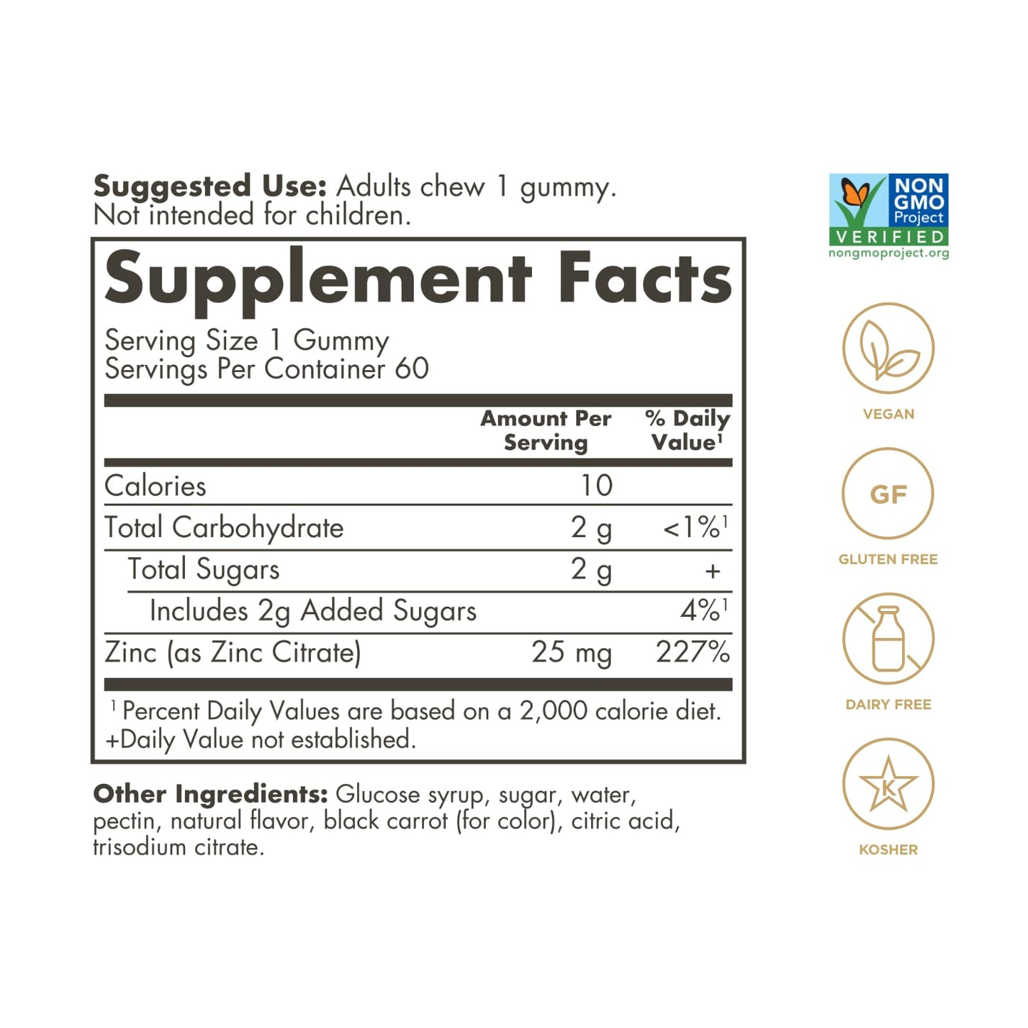 Solgar Zinc Gummies 25mg Ultra Potency Zinc Citrate for Immune Support - Mixed Fruit Flavor, 60 Count