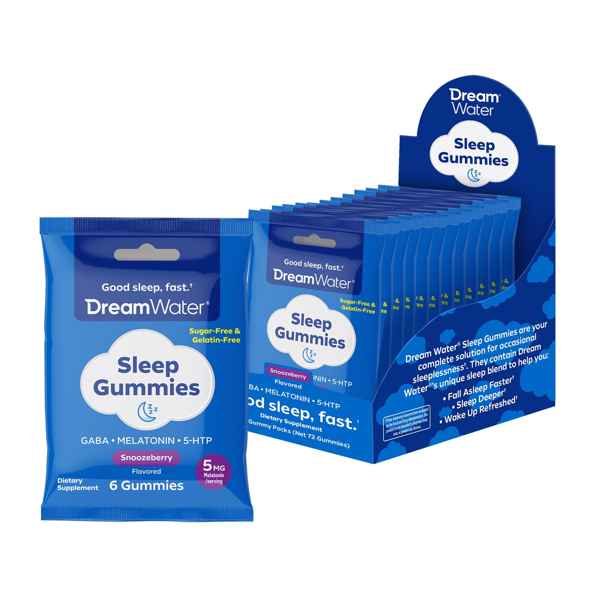 Dream Water Sleep Aid Gummies with Melatonin, GABA & 5-HTP, Snoozeberry Flavor, 72 Gummies