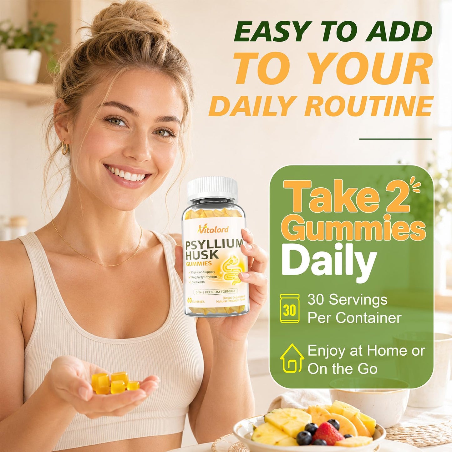 Vitalord Psyllium Fiber Gummies Sugar Free, 60 Count