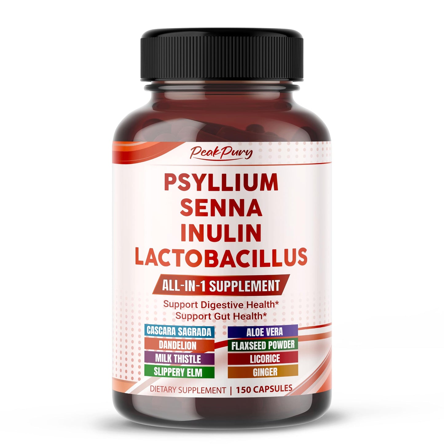 PEAKPURY All-in-1 Psyllium, Senna, Inulin & Probiotic Supplement 150 Capsules