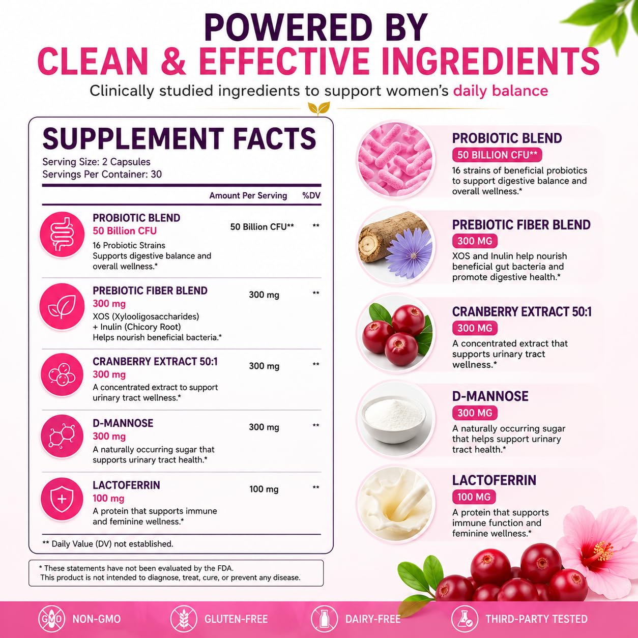 Lorentivra Women's Probiotic 50 Billion CFU, 16 Strains, 3-in-1 Synbiotic with Prebiotics, D-Mannose, Cranberry & Lactoferrin for Gut, Vaginal & Urinary Tract Health, Shelf-Stable, 30 Capsules