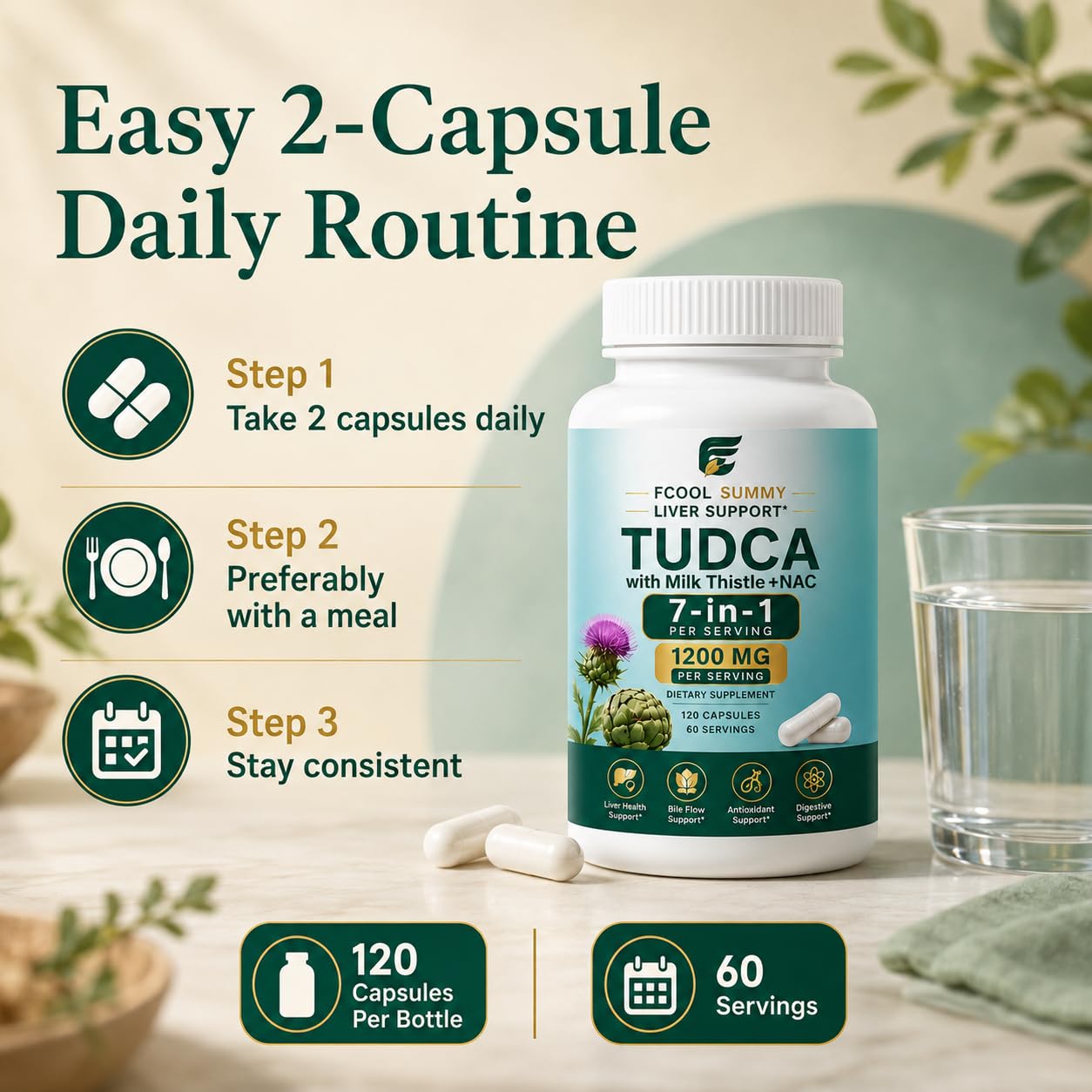 FCOOLSUMMY TUDCA 1200mg with Milk Thistle & NAC 7-in-1 Liver Support Capsule, 120 Count
