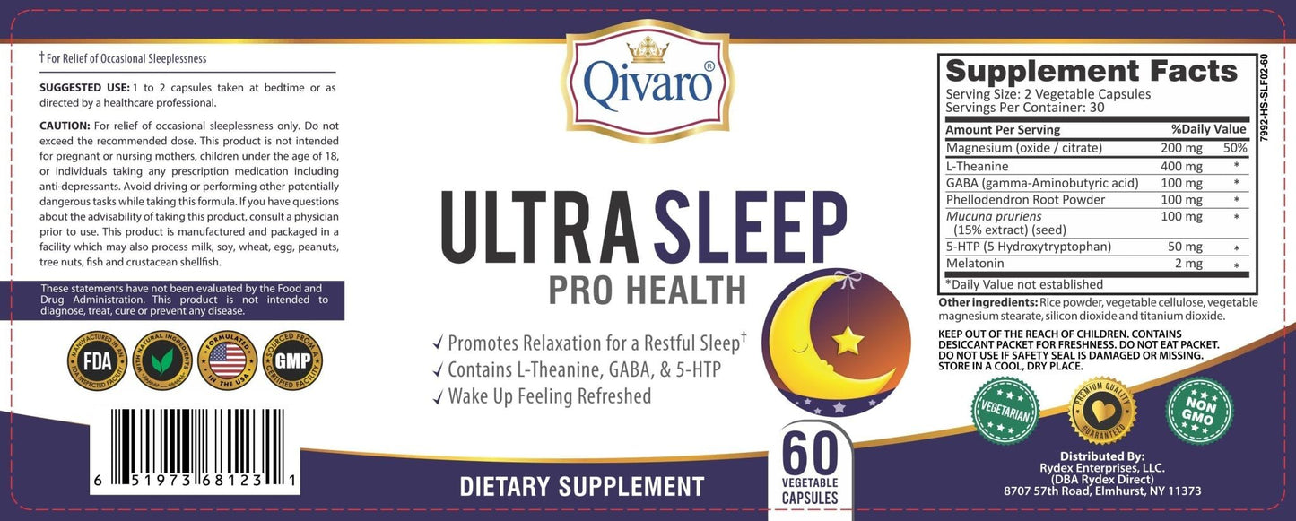 Qivaro Ultra Sleep Pro Health Sleep Aid for Adults with L-Theanine, 5-HTP and GABA, 60 Capsules