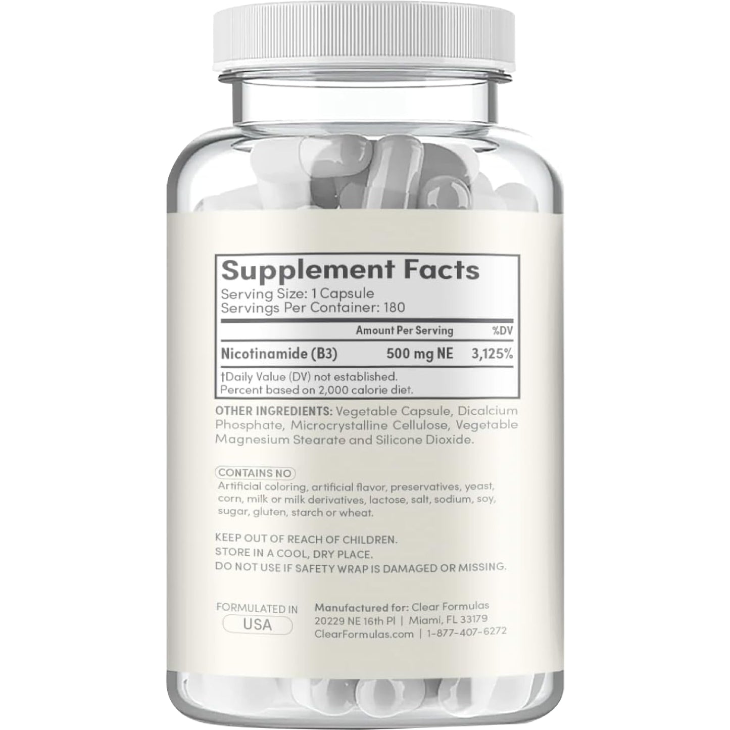 Clear Formulas Vitamin B3 Nicotinamide 500mg Capsule 180 Count