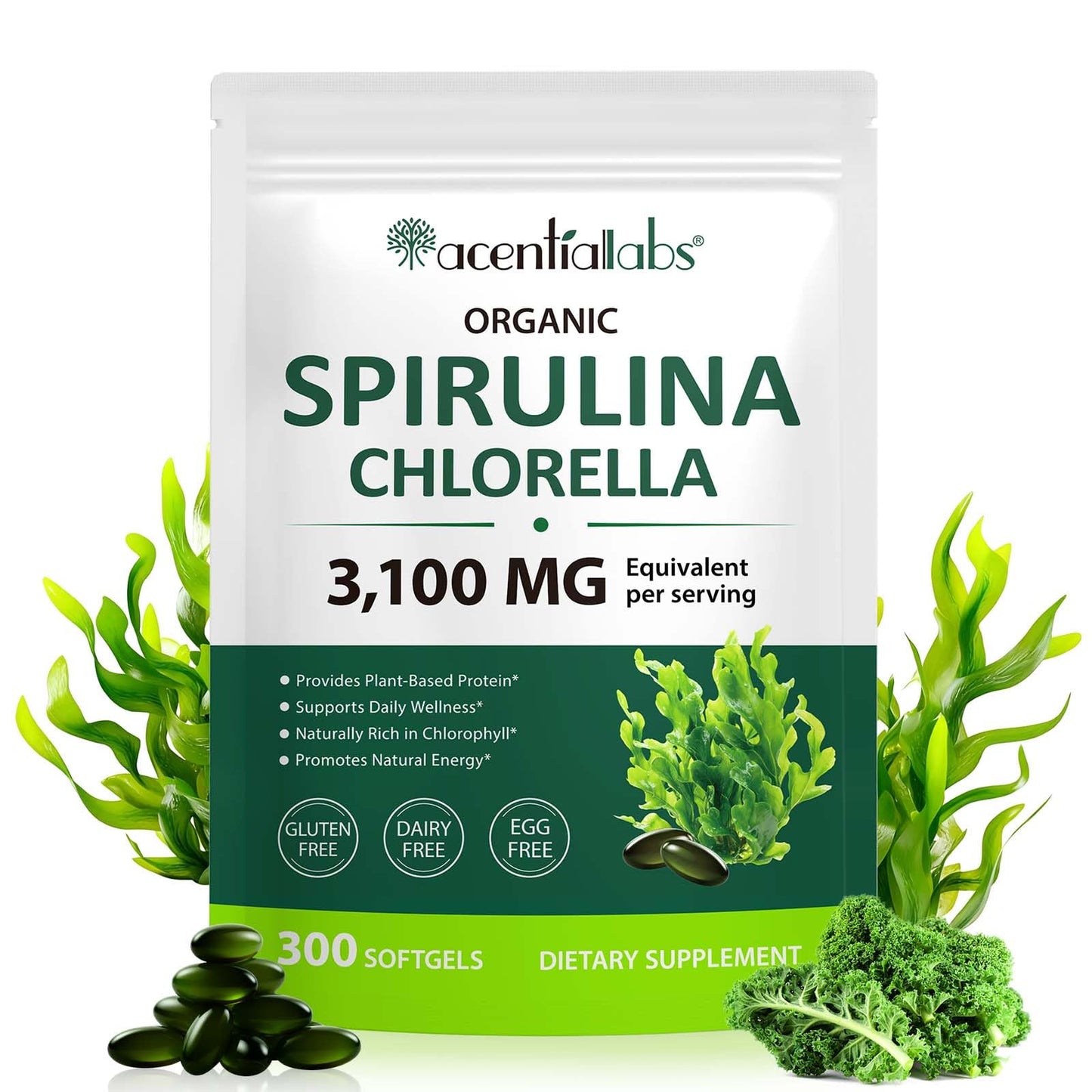 ZUZOKKAHA Spirulina & Chlorella Supergreens Capsules, 300 Capsules