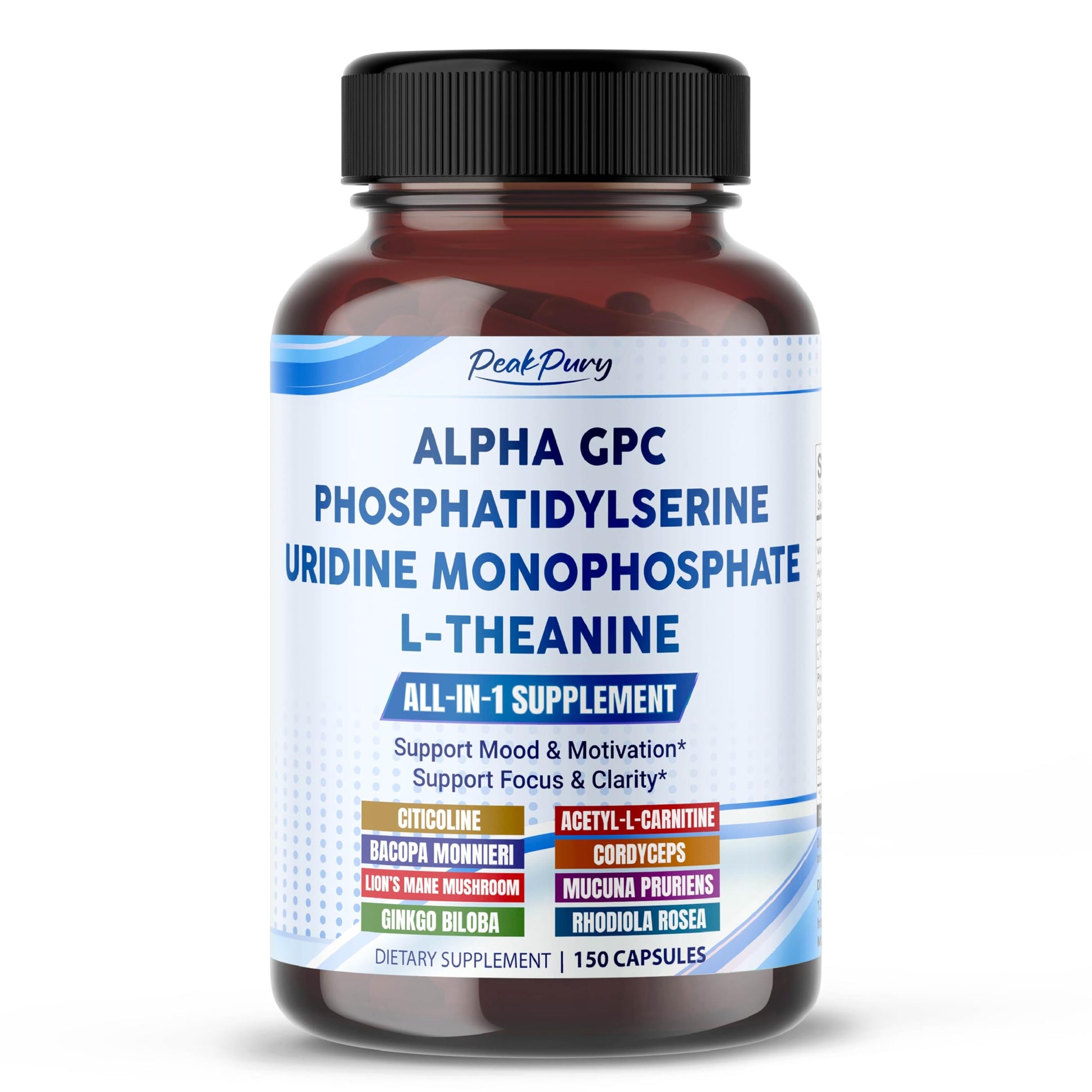PEAKPURY Ultra Alpha GPC, Phosphatidylserine, Uridine & L-Theanine Nootropic Supplement for Mood, Focus & Mental Clarity, 150 Capsules
