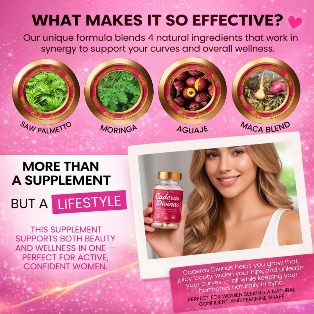 Curvy Fruit Caderas Divinas: Bigger Booty & Wider Hips – Aguaje + Maca Pills with Moringa & Saw Palmetto – 4 Super Ingredients for Natural Curve Growth, 120 Capsules