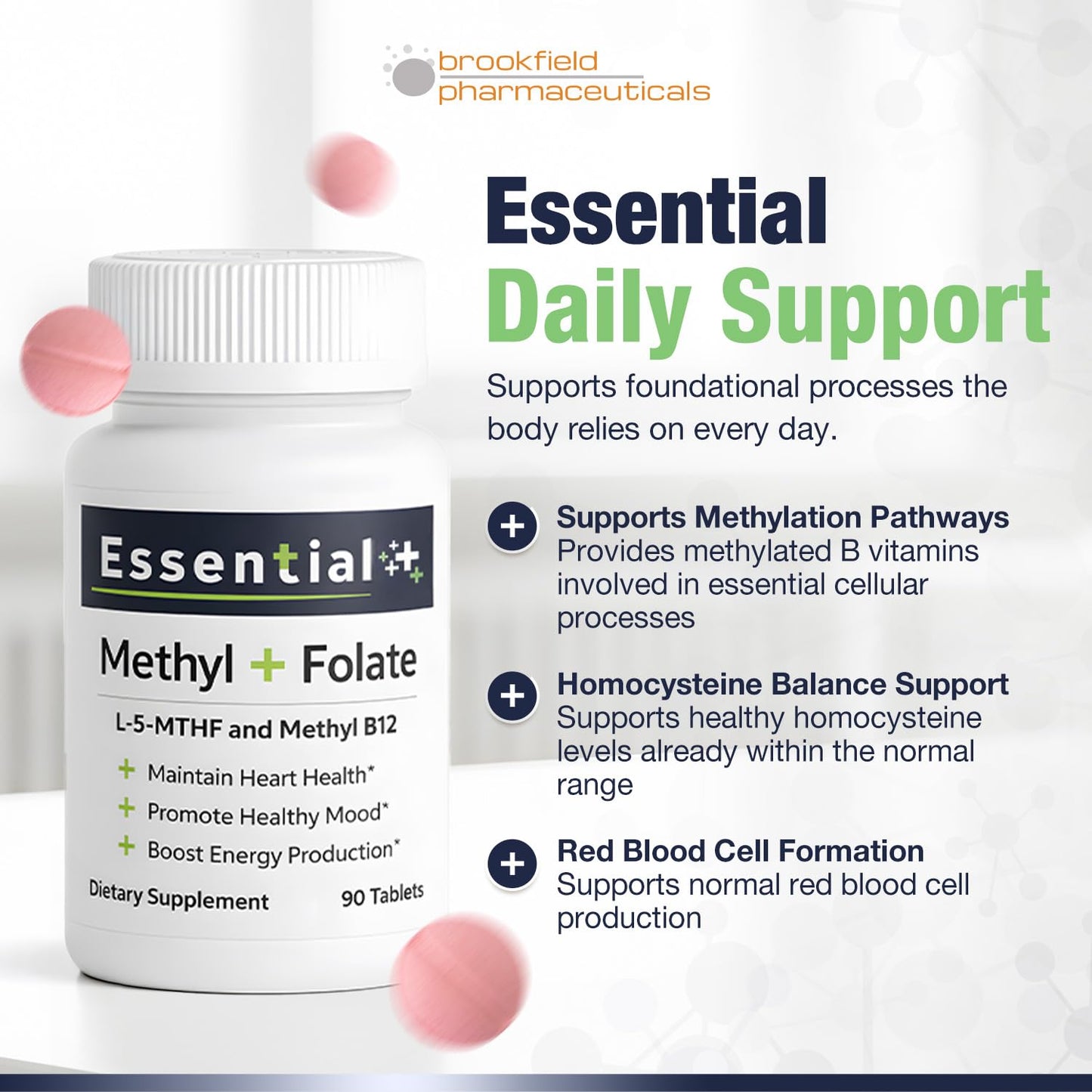 Brookfield Pharmaceuticals Pure L-Methylfolate Tablets with 5-MTHF, 1,360 mcg L-Methylfolate, B12 & Vitamin B6, 90 Tablets