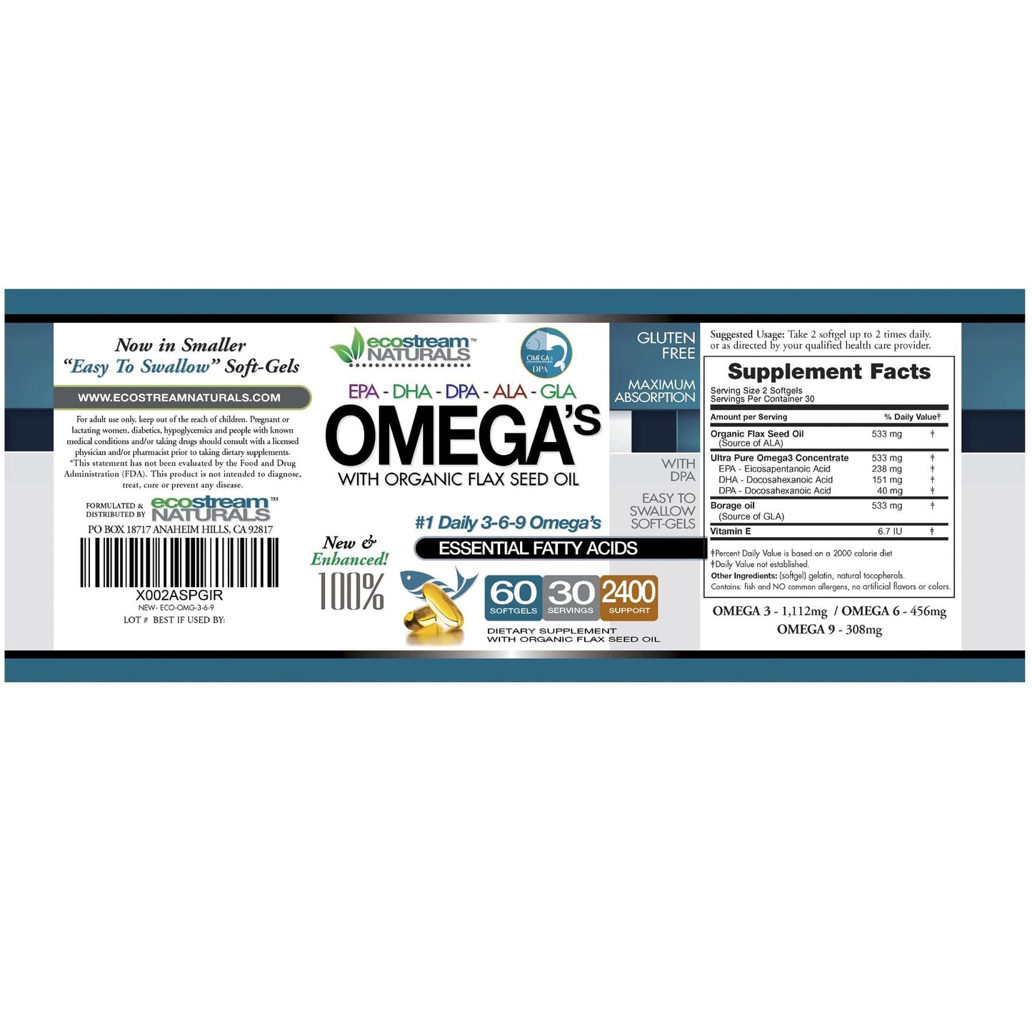 ecostream Naturals Omega 3-6-9 Blend with DPA, EPA, DHA, ALA and GLA and Organic Flax Seed Oil Softgel 120