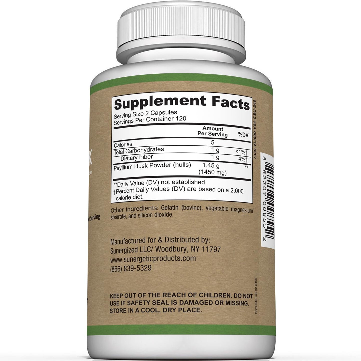 Sunergetic Psyllium Husk Fiber Supplement 1450mg, 240 Capsules