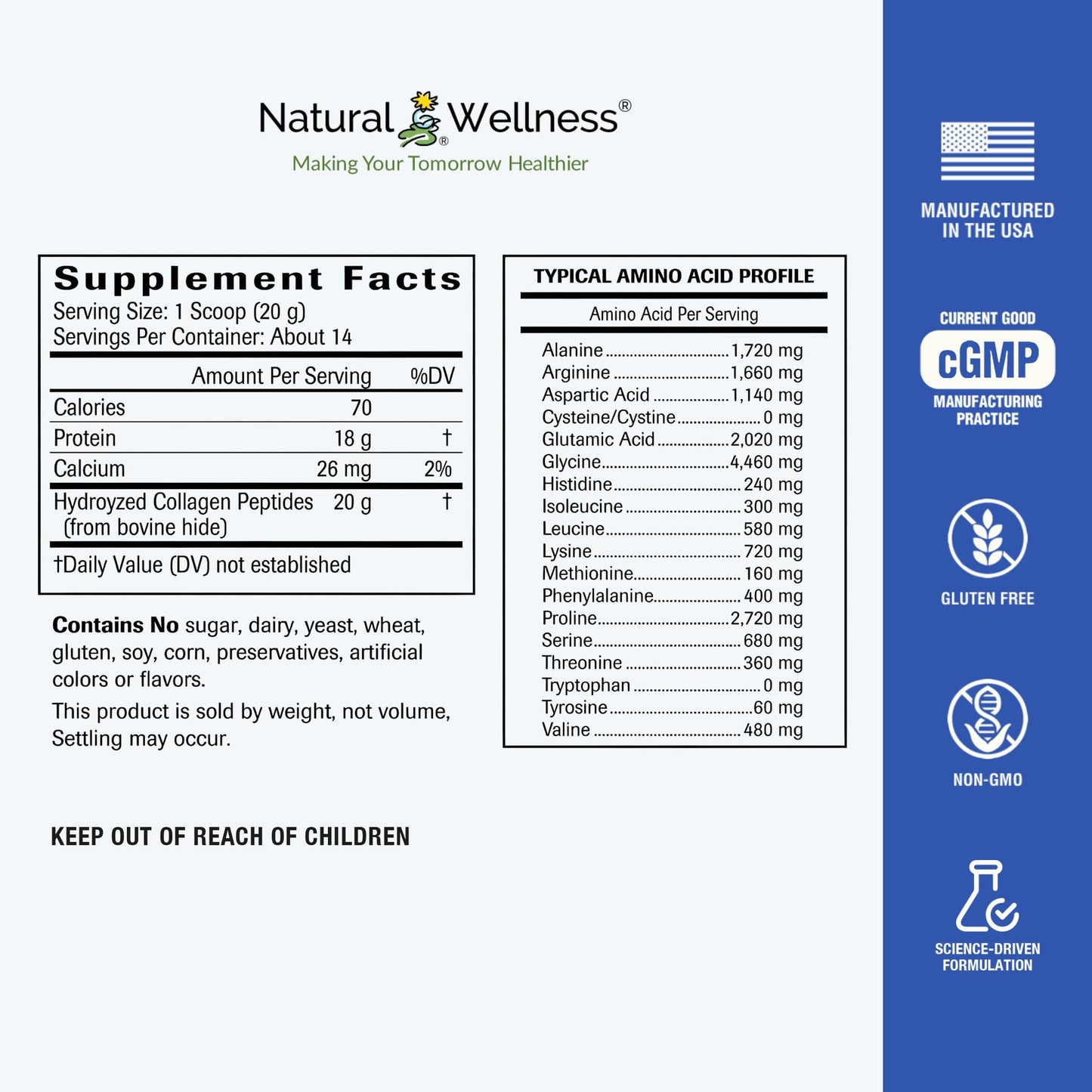 Natural Wellness Collagen Peptides (Type I & III) – Hydrolyzed Bovine Collagen for Hair, Skin, Nails, Joints & Bones – Powder, 19.76 oz