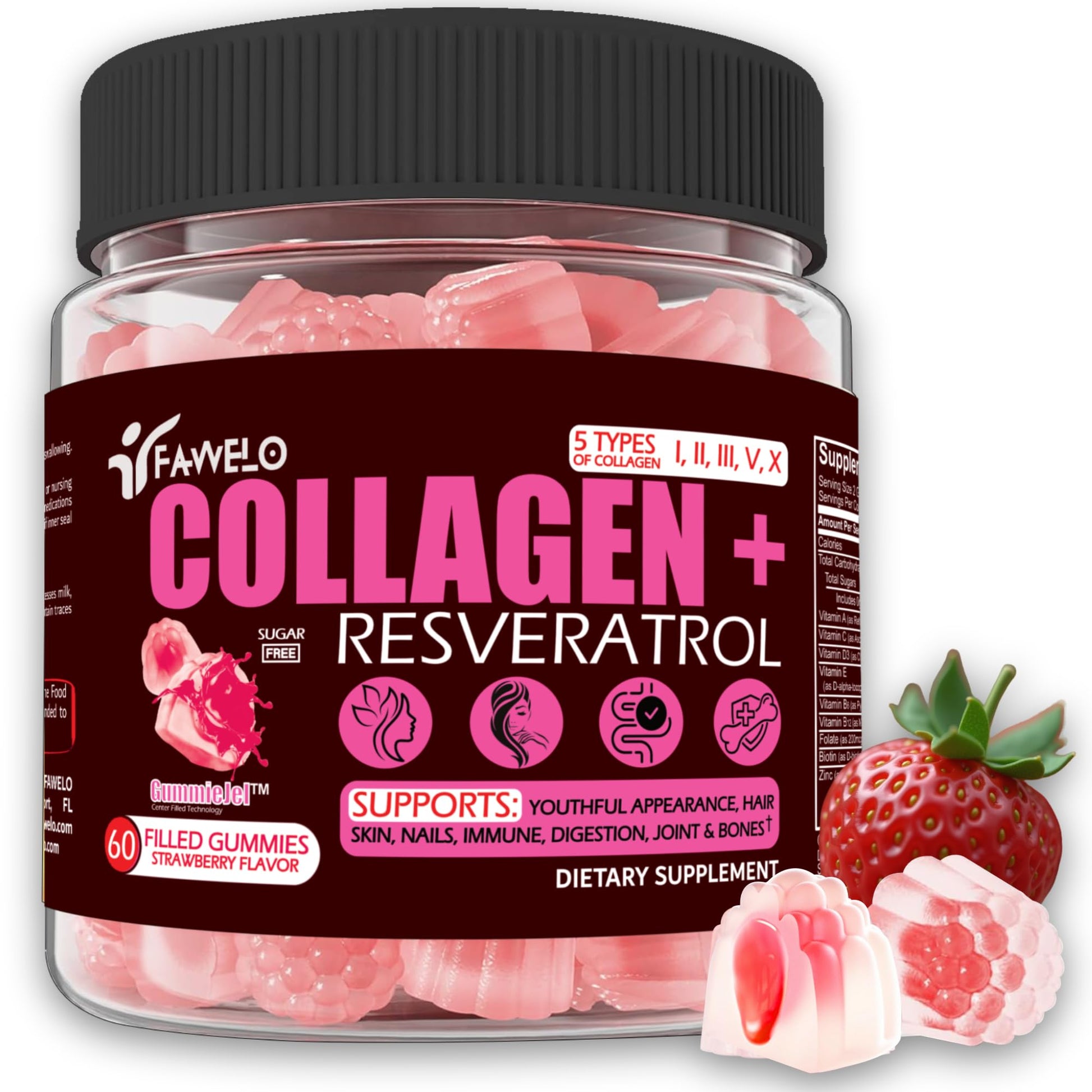 Fawelo Multi Collagen Gummies Hydrolyzed Type I, II, III, V, X plus Resveratrol 60 Count