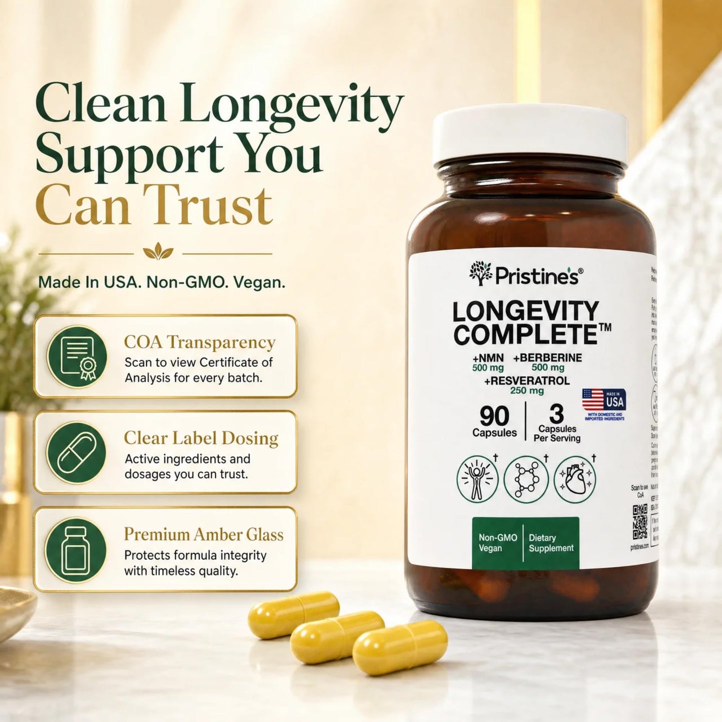 PRISTINE'S Longevity Complete Anti Aging NMN Complex - Advanced Cellular Support - NMN 500mg, Berberine 500mg, Resveratrol 250mg, Healthy Aging, Autophagy & NAD+ Support Capsules, 90 Count
