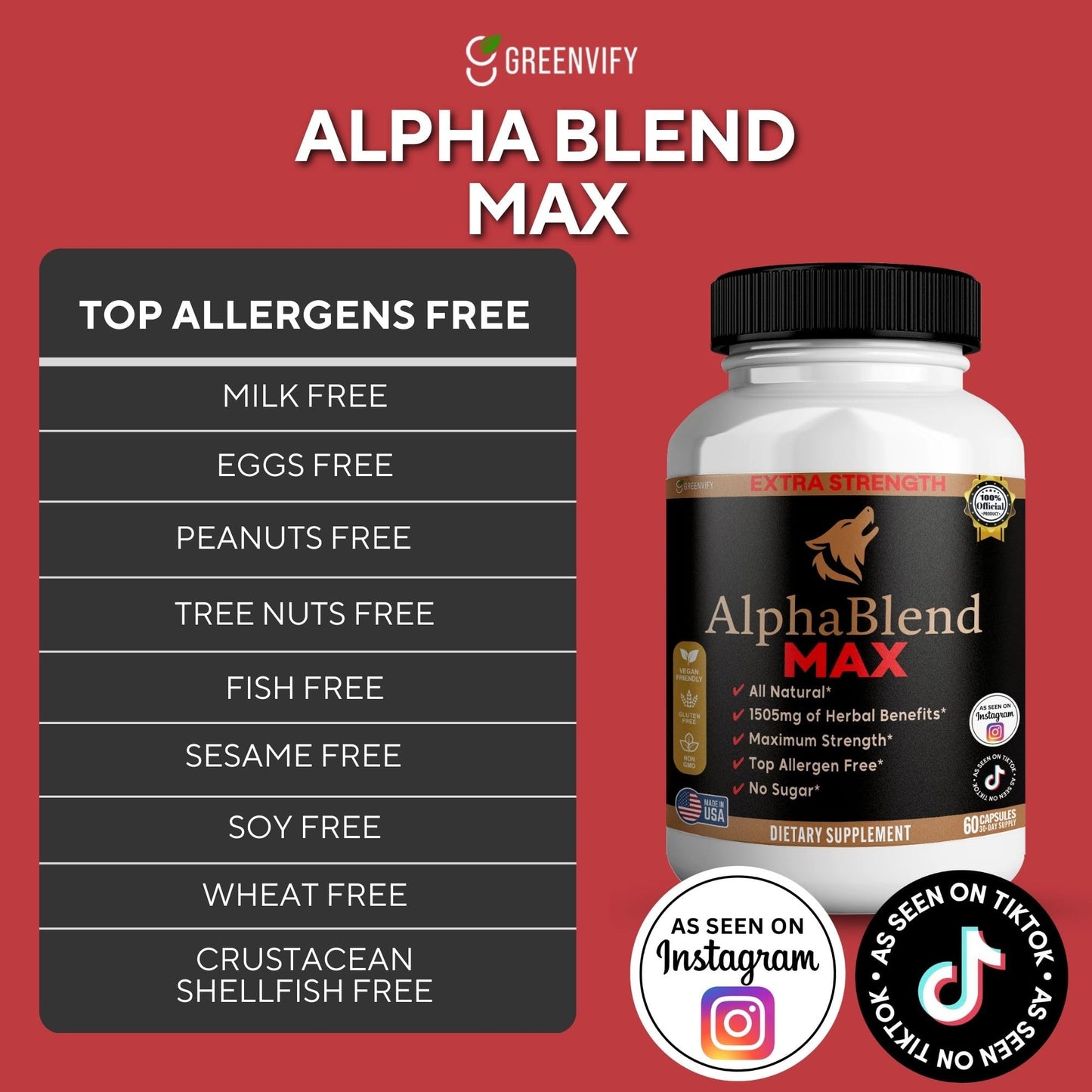 GREENVIFY AlphaBlend MAX Extra Strength Maca Root Complex, Organic Blend 60 Capsules