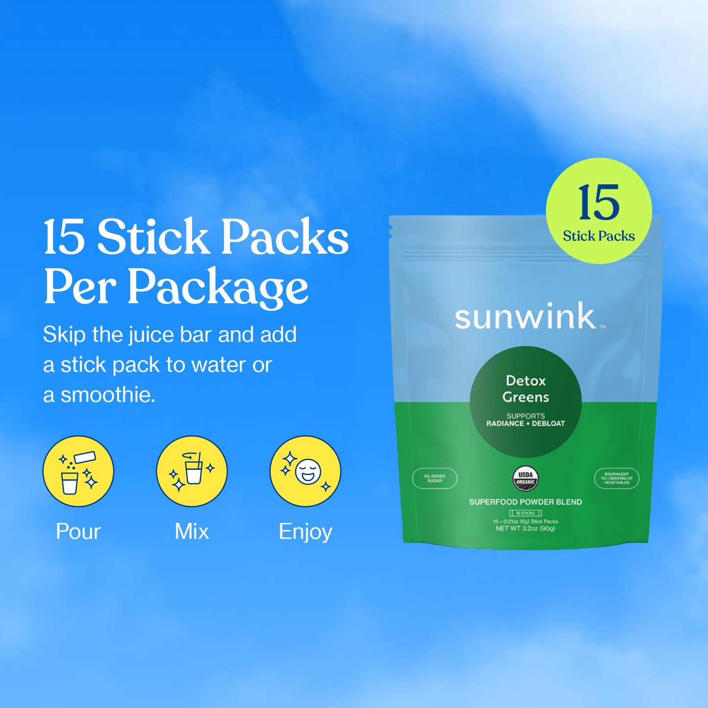 Sunwink Detox Greens Powder for Digestive Support, Plant-Based Superfoods & Adaptogens, Pack of 15