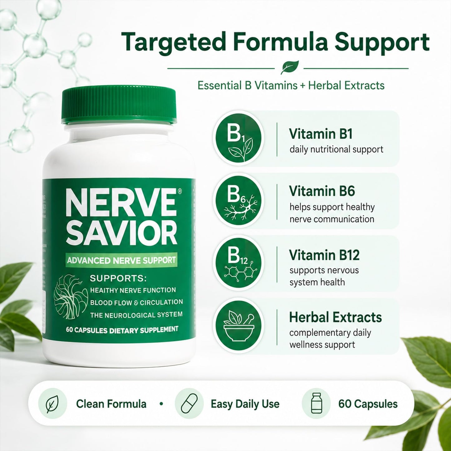Nerve Savior Advanced Nerve Support with B Vitamins & Herbal Extracts, 60 Capsules