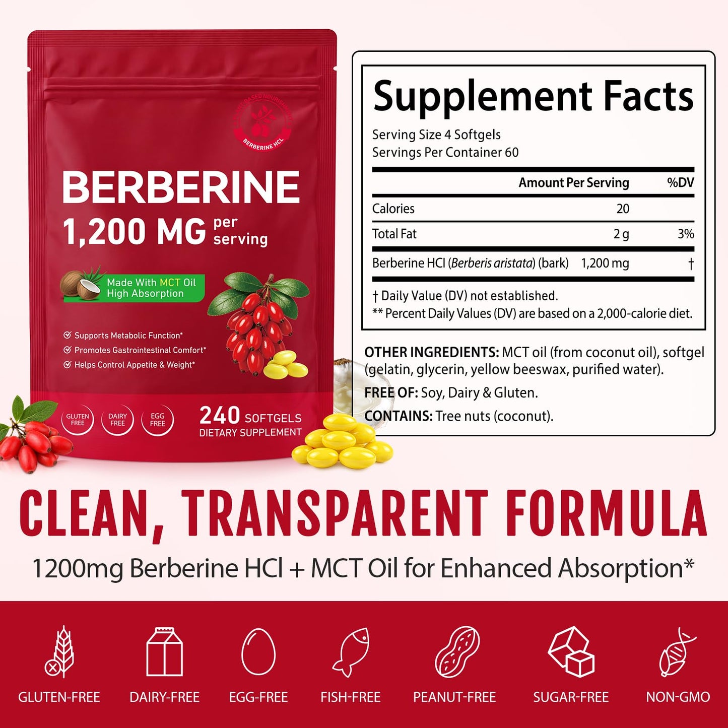 JYVGNLXS Berberine 1200mg with MCT Oil Supplement Capsules, 240