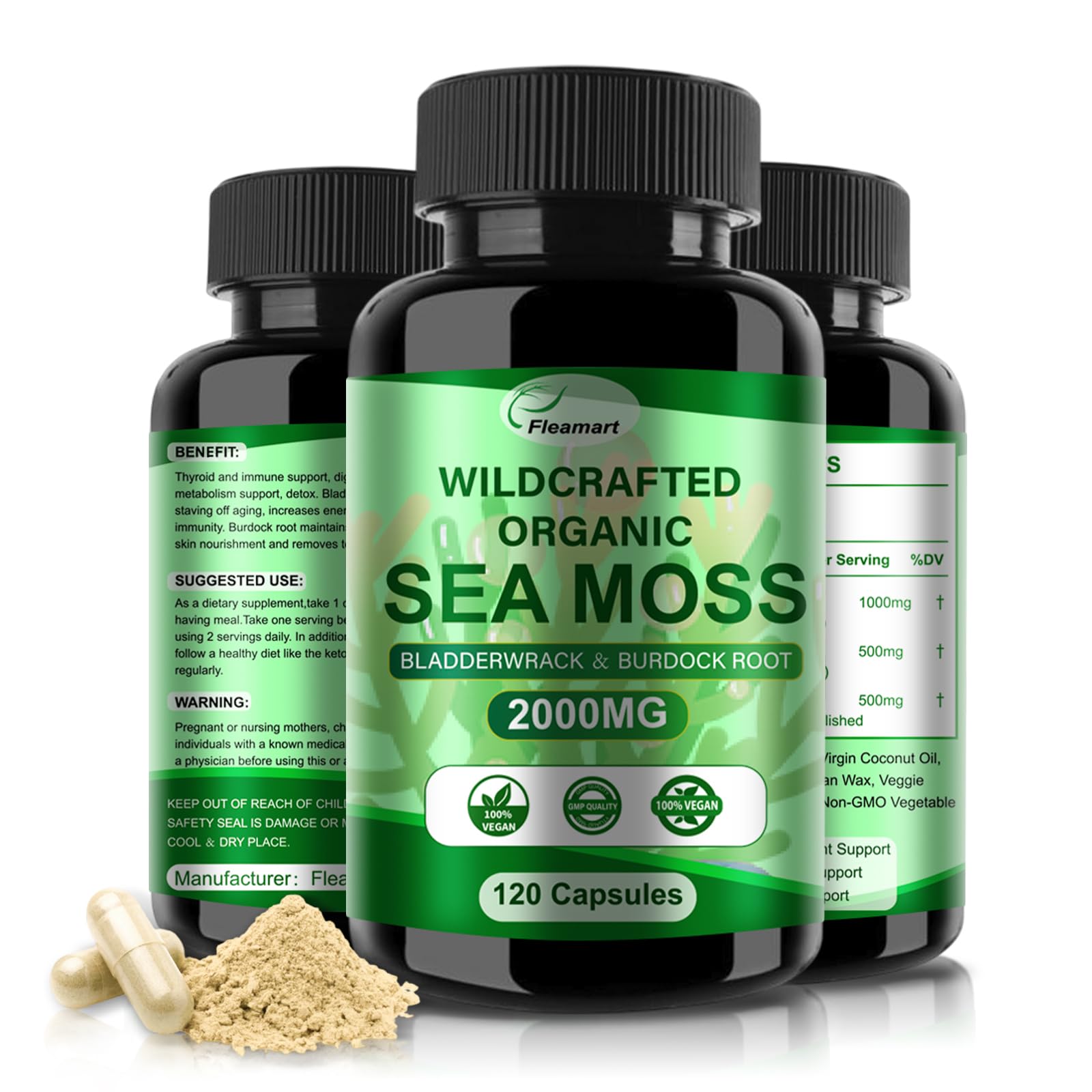 Fleamart Irish Sea Moss Capsules with Raw Sea Moss & Wildcrafted Bladderwrack & Burdock Root, 240 Capsules