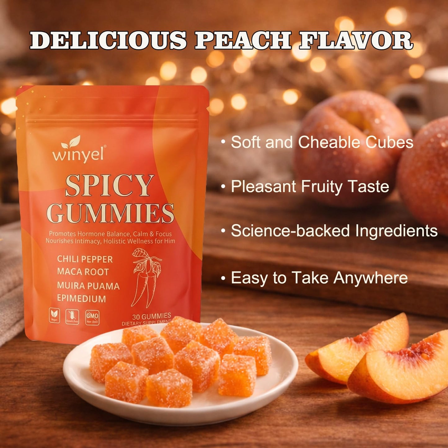 WINYEL Spicy Gummies Cubes Hot Peach Flavor - Chili Pepper, Maca Root & Muira Puama Herbal Supplement for Energy, Mood & Vitality - Romantic Mood Enhancer for Couples, 30 Gummies