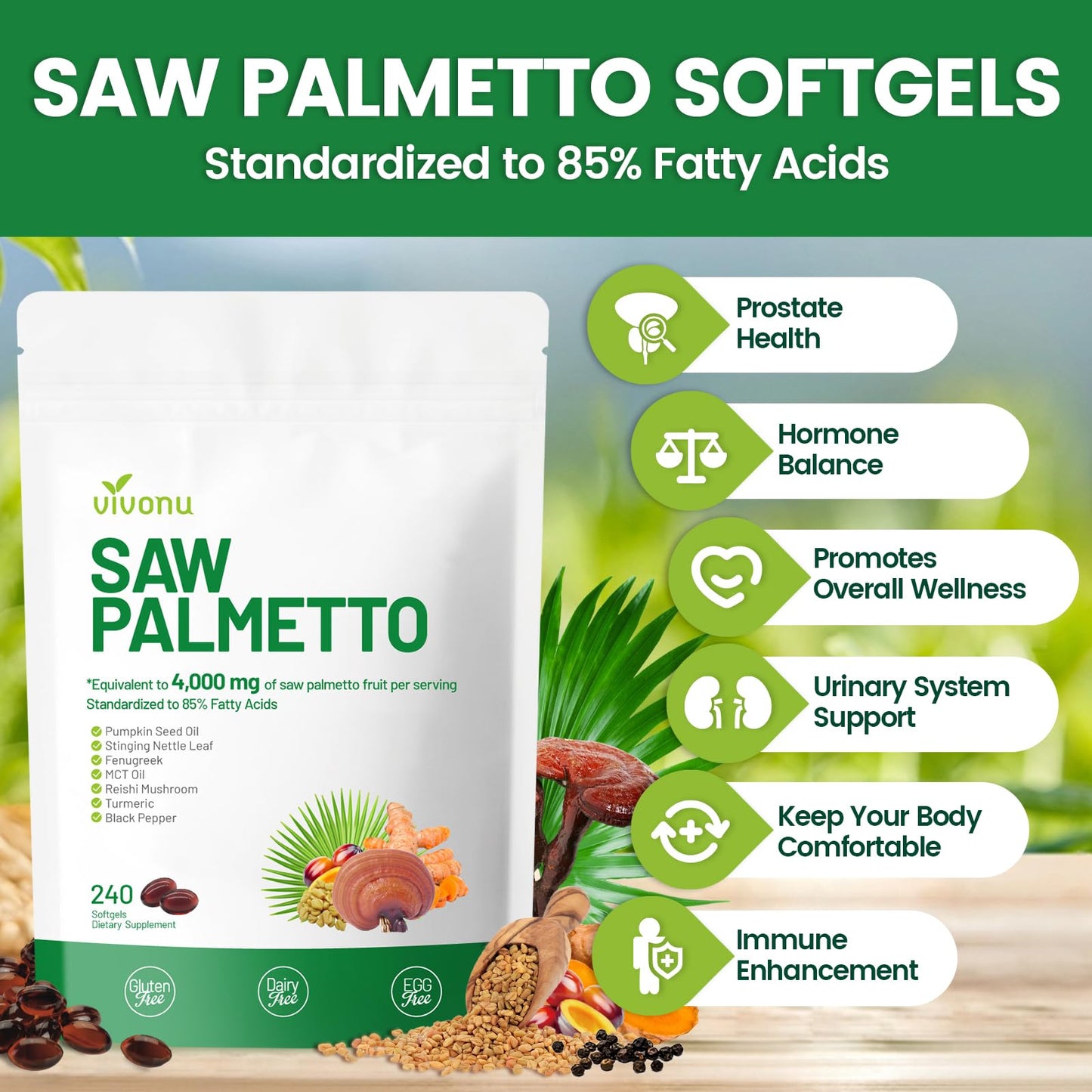 VivoNu Saw Palmetto Extract 8 in 1 with Pumpkin Seed Oil Capsules 240