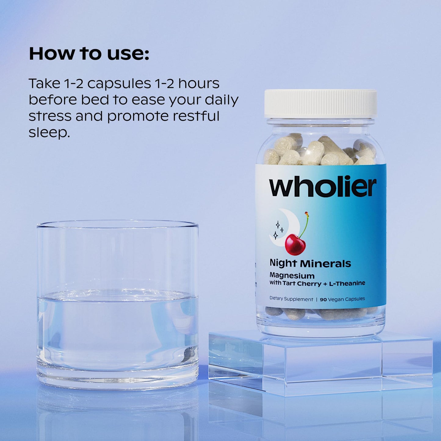 Wholier Night Minerals Magnesium Glycinate + Citrate with L-Theanine, Tart Cherry & Lemon Balm, Melatonin-Free Natural Sleep Support, 60 Capsules