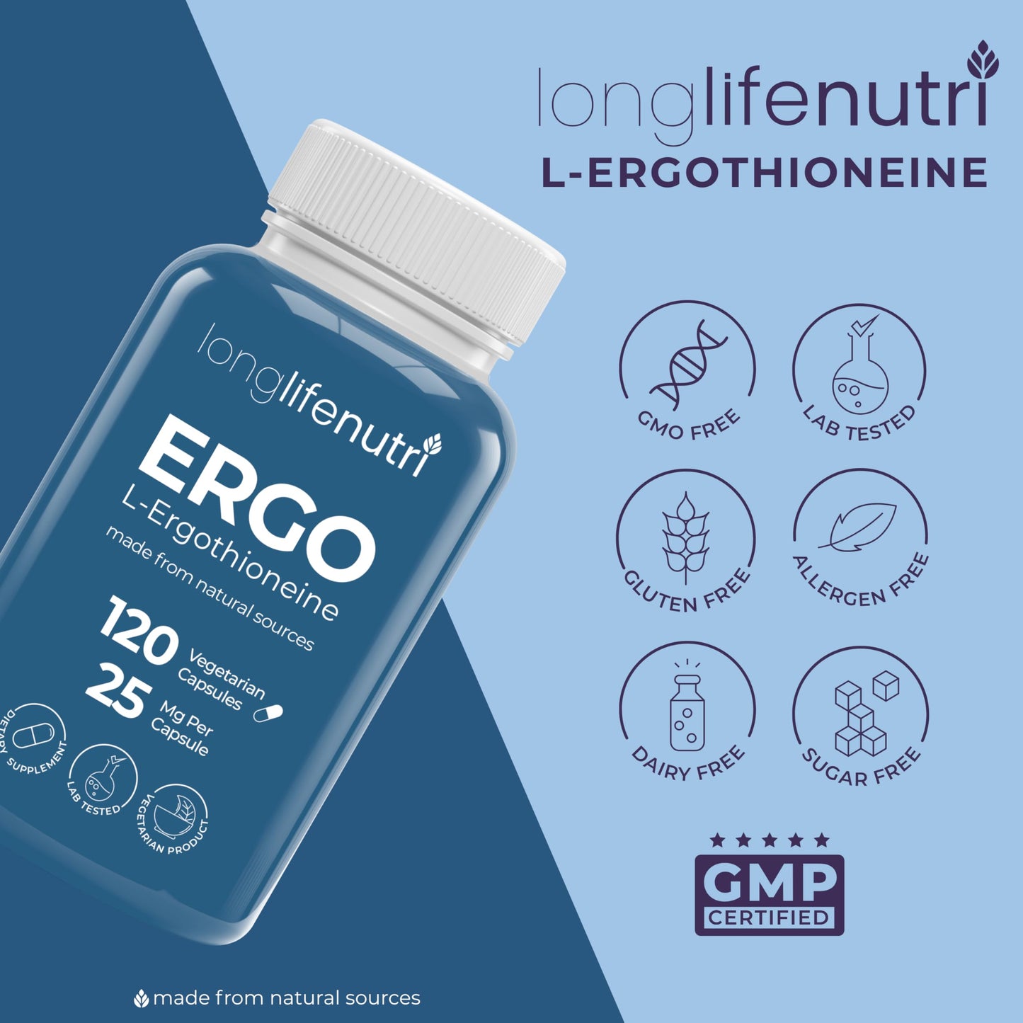 LongLifeNutri L-Ergothioneine 25mg Capsules, 120 Count