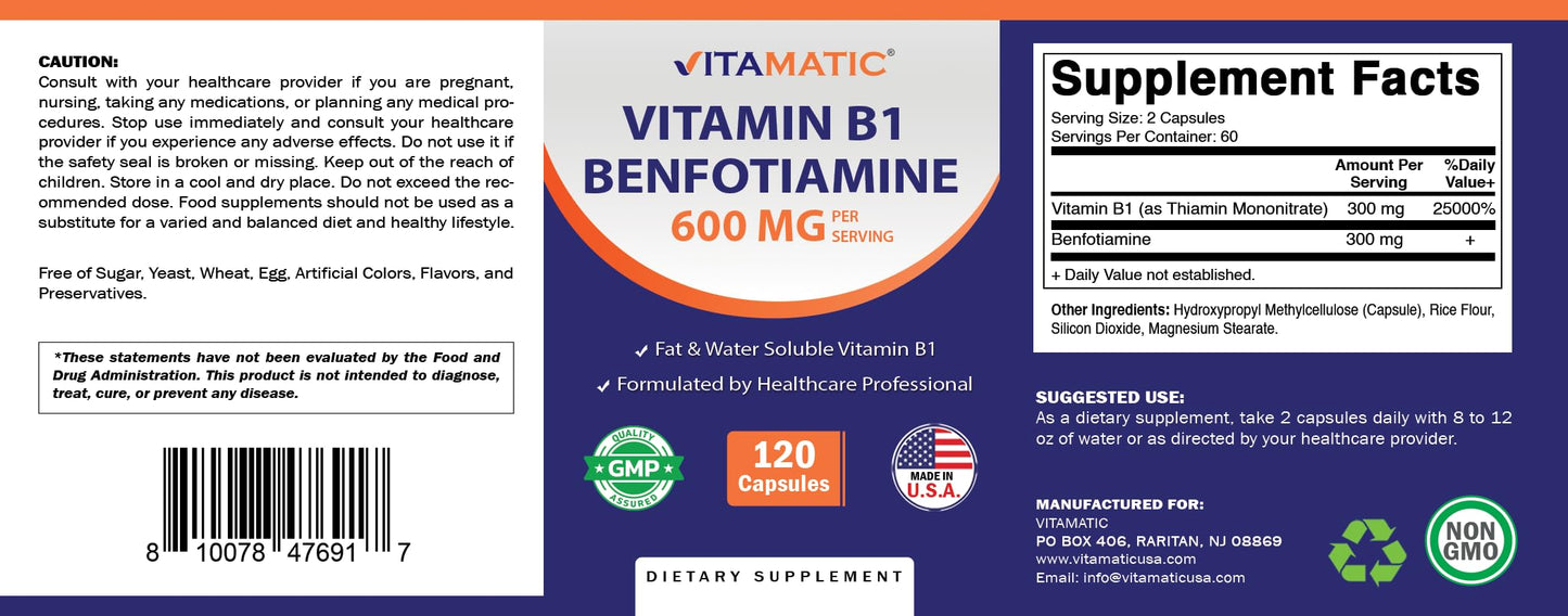 Vitamatic Benfotiamine 300mg + Vitamin B1 300mg Capsules, 120 Count