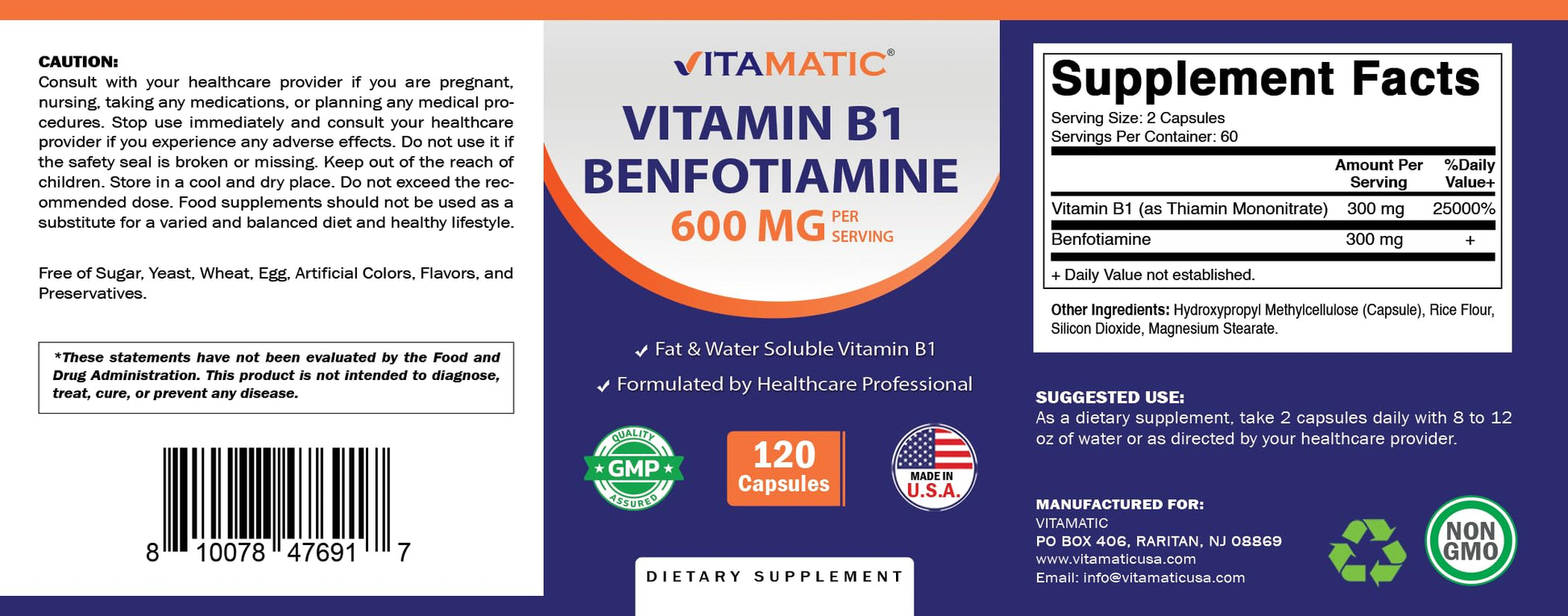 Vitamatic Benfotiamine 300mg + Vitamin B1 300mg Capsules, 120 Count
