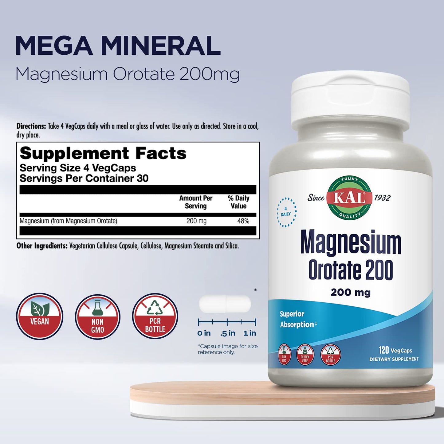 KAL Magnesium Orotate Capsule 200 mg, 120 Count