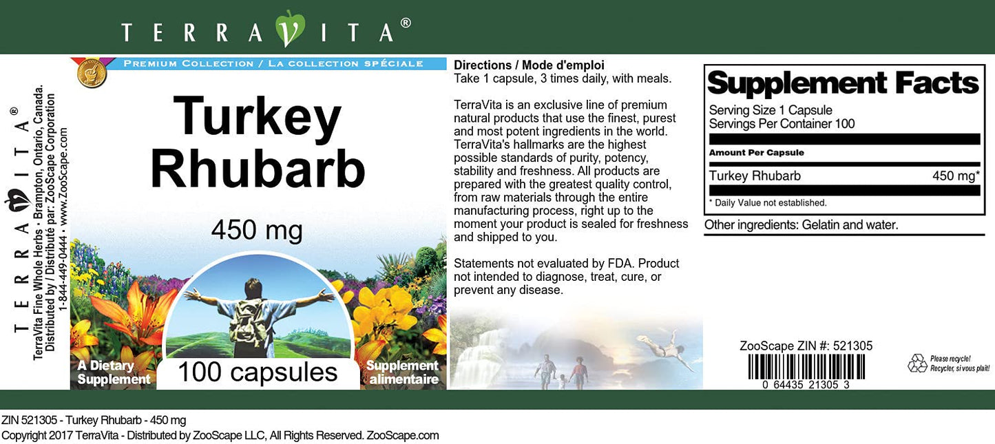Terravita Turkey Rhubarb 450 mg, 100 Capsules