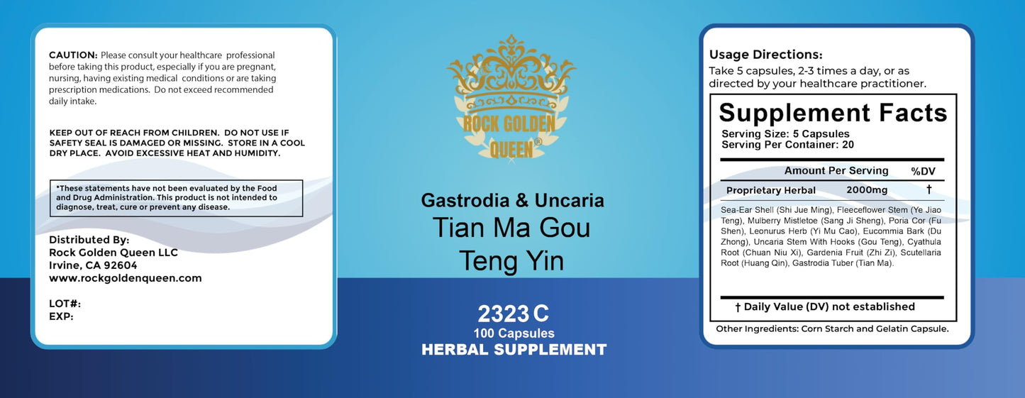 Rock Golden Queen Tian Ma Gou Teng Yin/Gastrodia & Uncaria Decoction Capsules, 100 Capsules