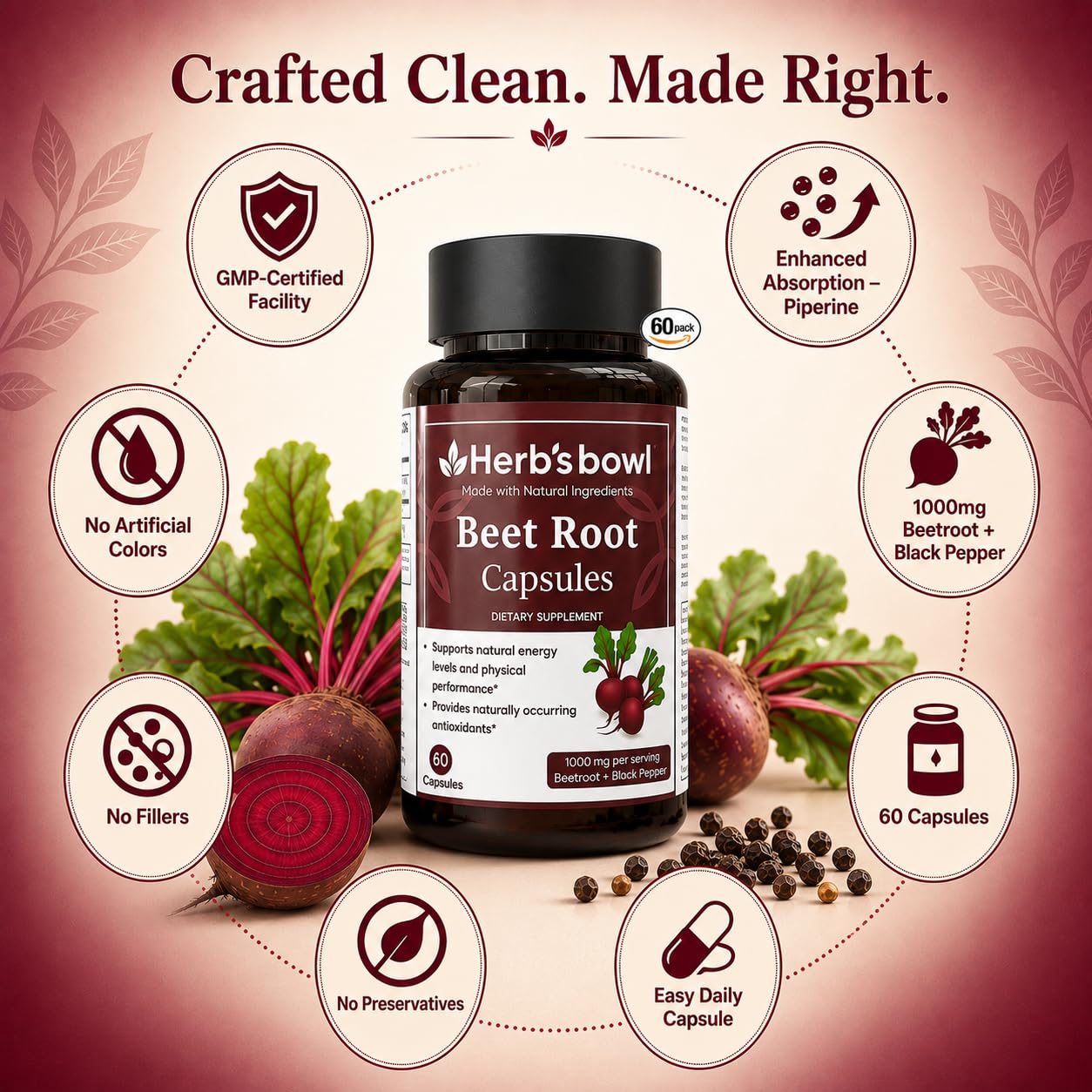 Herb'sbowl Organic Beet Root Capsules with Black Pepper, 60 Capsules