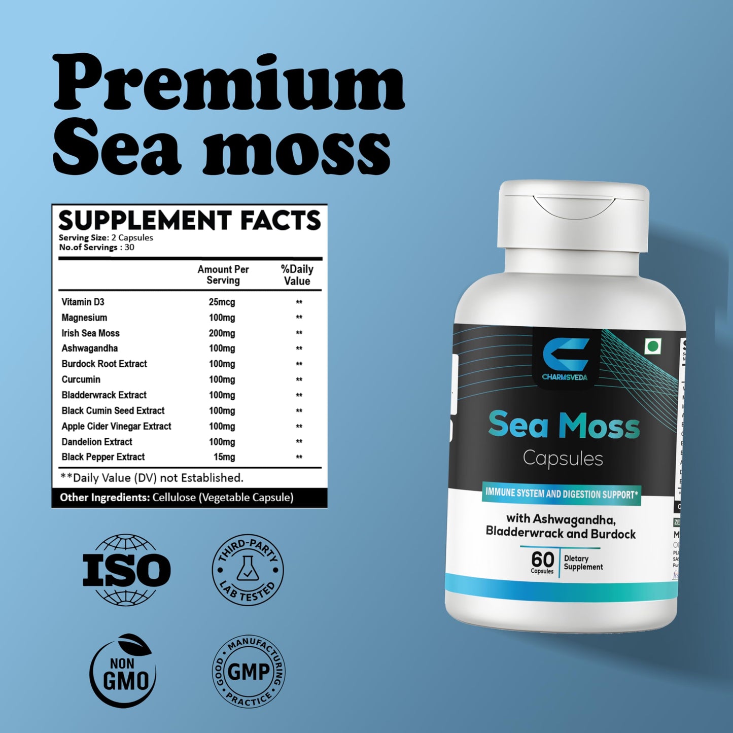 CHARMSVEDA Sea Moss Capsules with Ashwagandha, Bladderwrack & Burdock, 60 Capsules