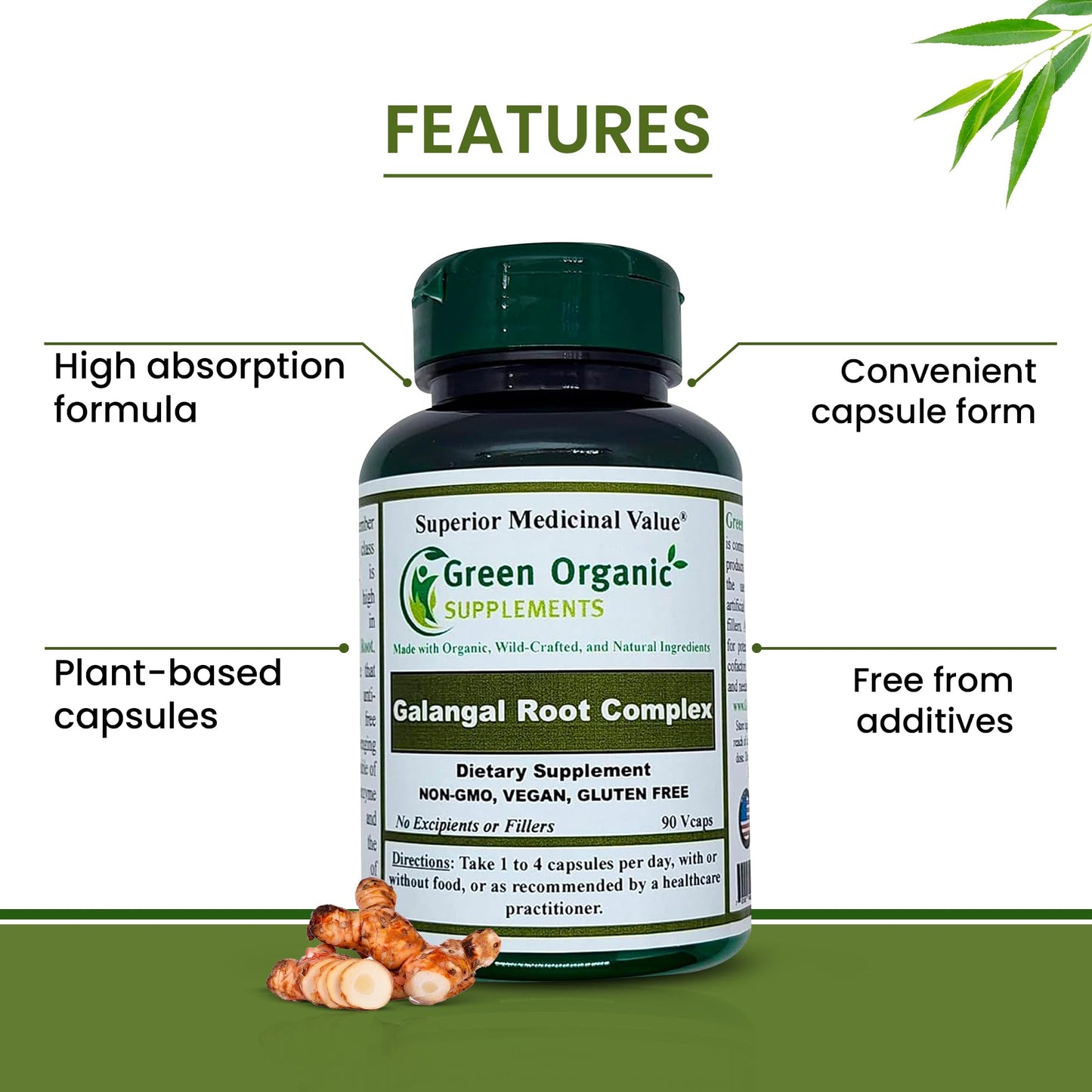 Green Organic Supplements Galangal, Galangin Capsules, 90 Count
