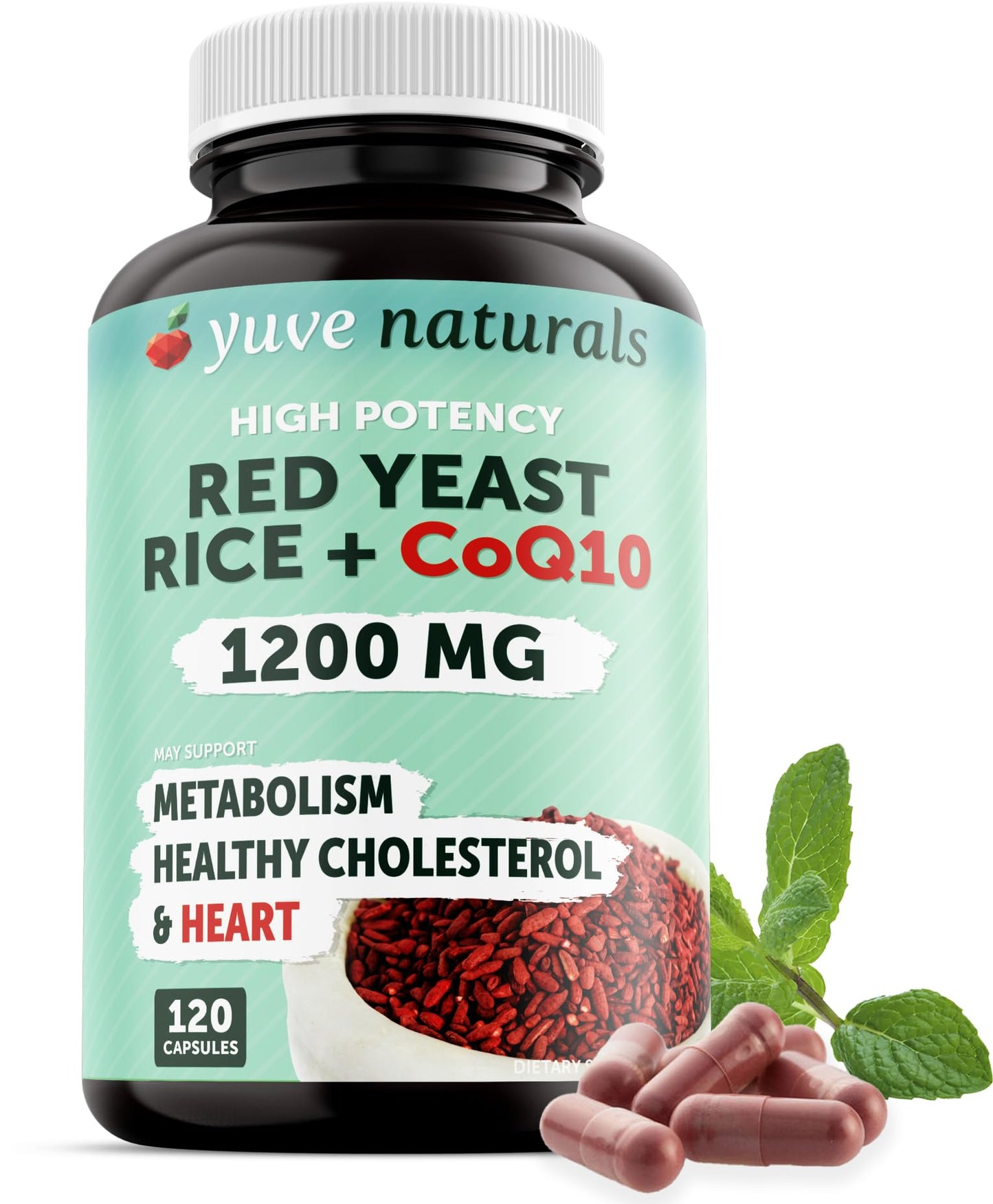 Yuve Red Yeast Rice 1200 mg with CoQ10 100 mg Veggie Capsules, 120 Count