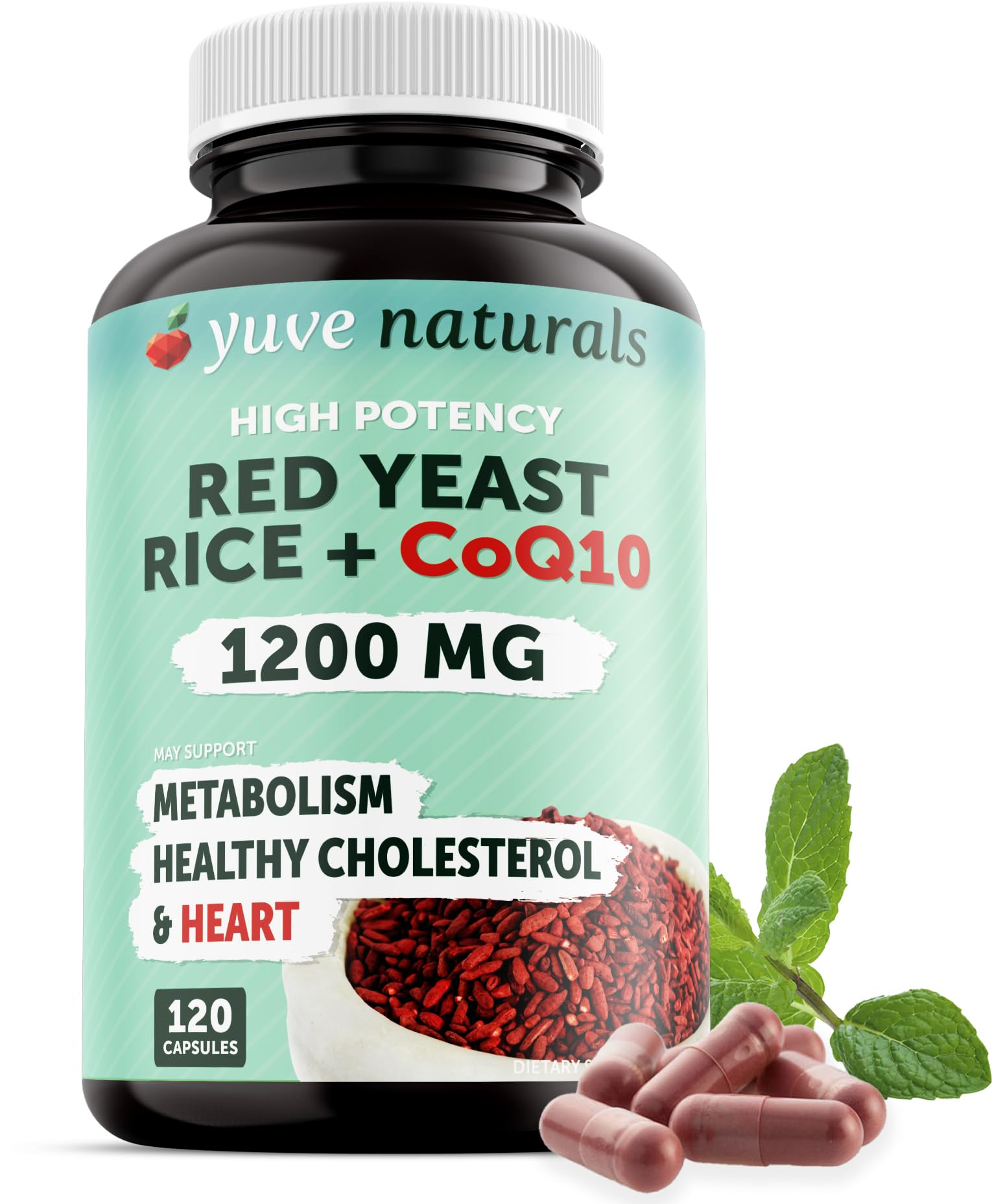 Yuve Red Yeast Rice 1200 mg with CoQ10 100 mg Veggie Capsules, 120 Count