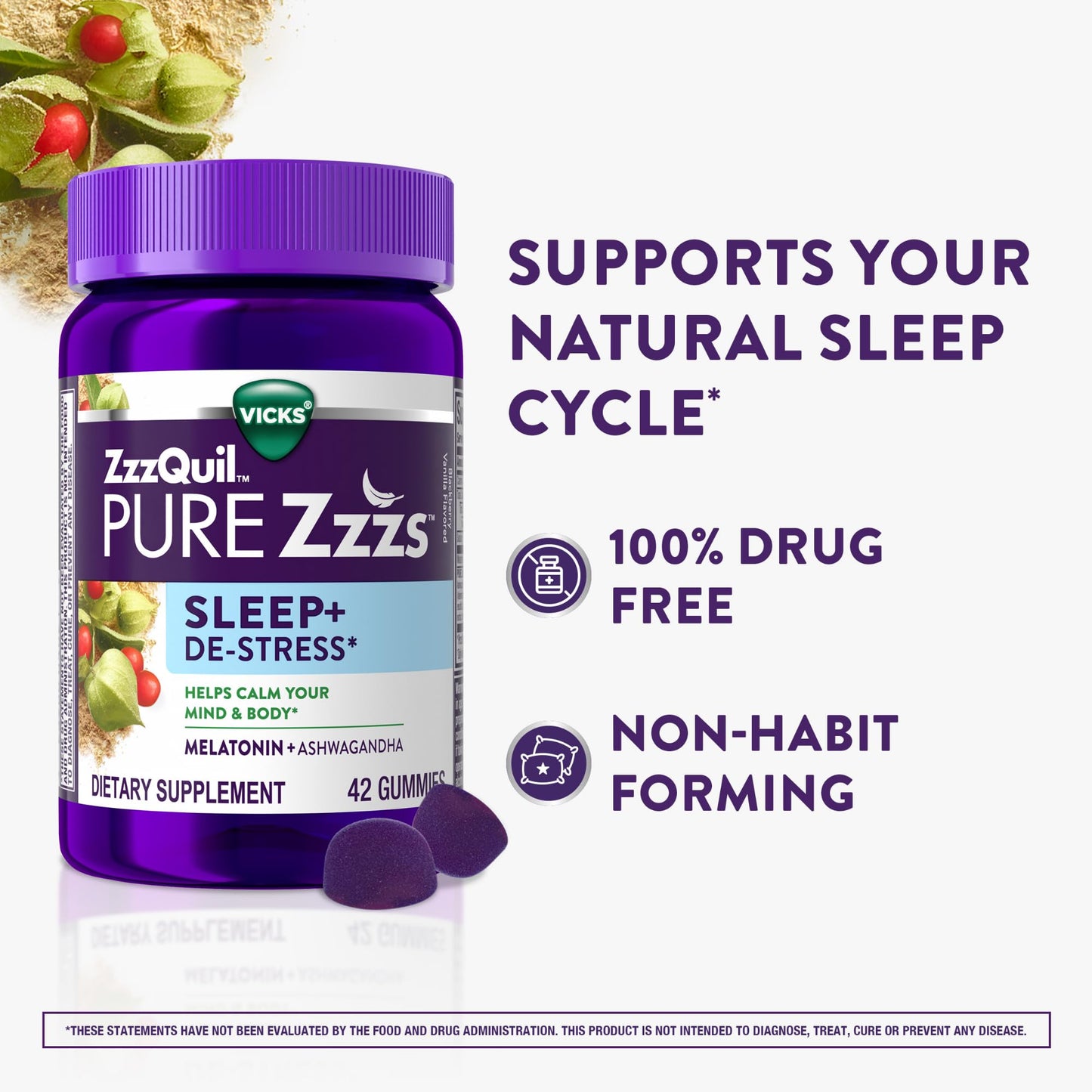 ZzzQuil PURE Zzzs De-Stress Melatonin Sleep Aid Gummies, 1 mg per gummy, 42 Count