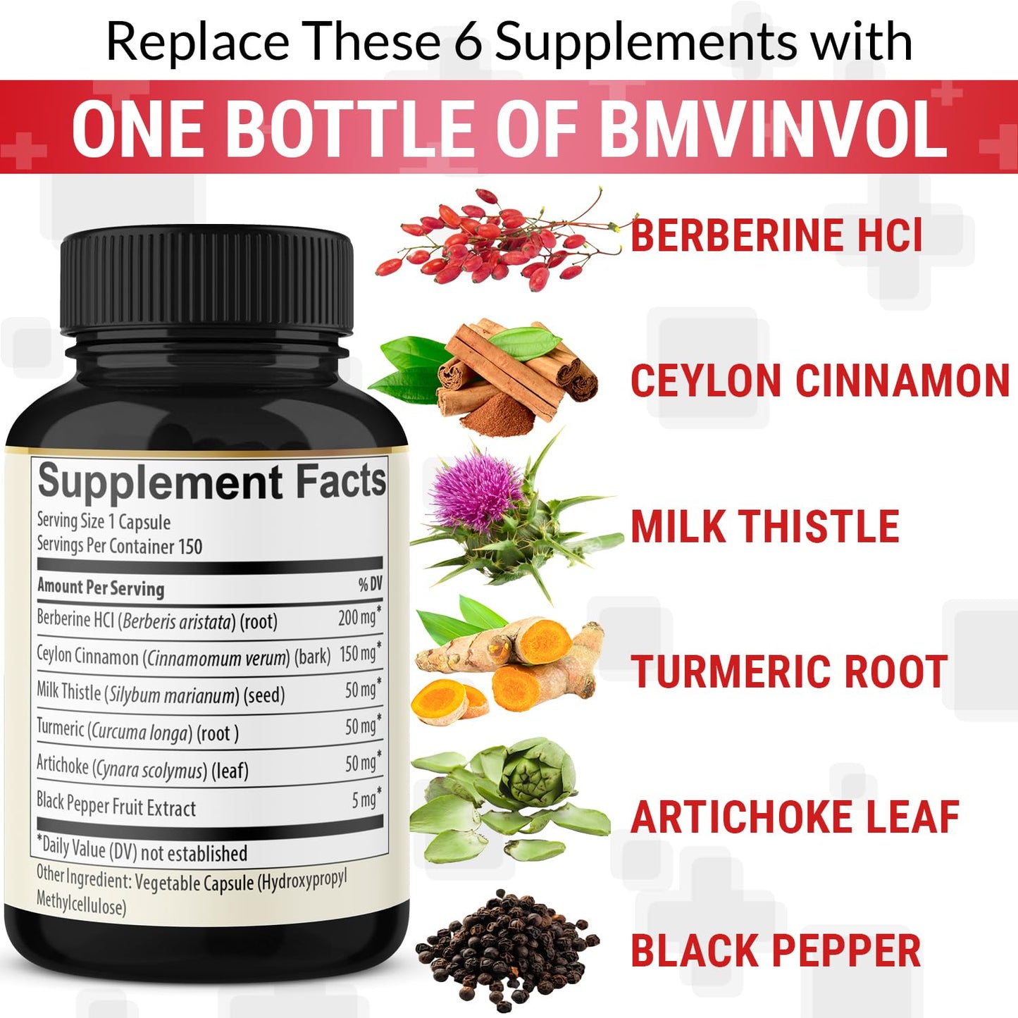 BMVINVOL Berberine with Ceylon Cinnamon, Turmeric, Milk Thistle, Artichoke, Black Pepper 150 Capsules