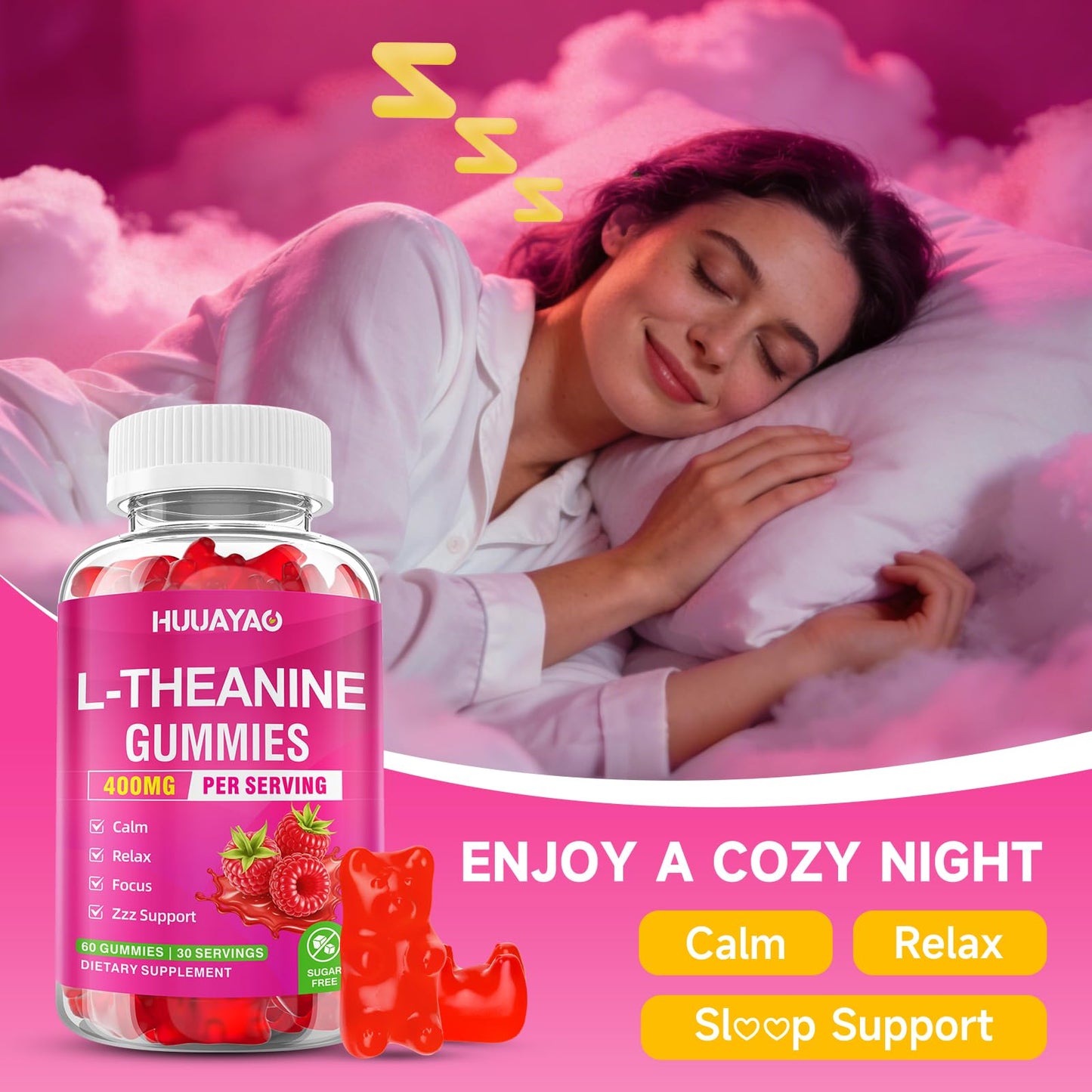 HUUAYAO L-Theanine Gummies 400mg with Ashwagandha, GABA, 5-HTP for Calm, Zzz & Relaxation Support, Raspberry Flavor, 120 Gummies
