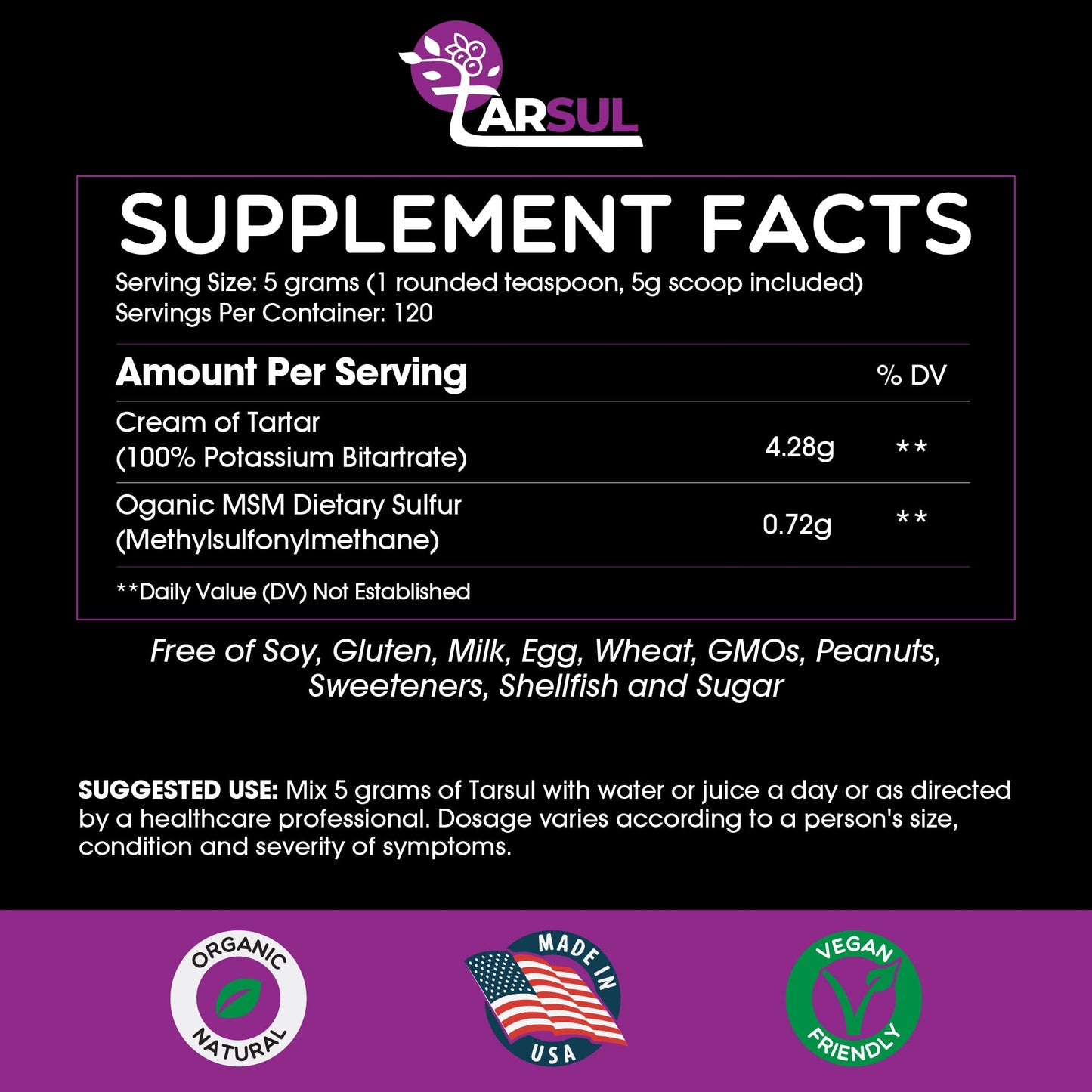 Tarsul Patented Cream of Tartar & Organic MSM Sulfur Formula Powder 21
