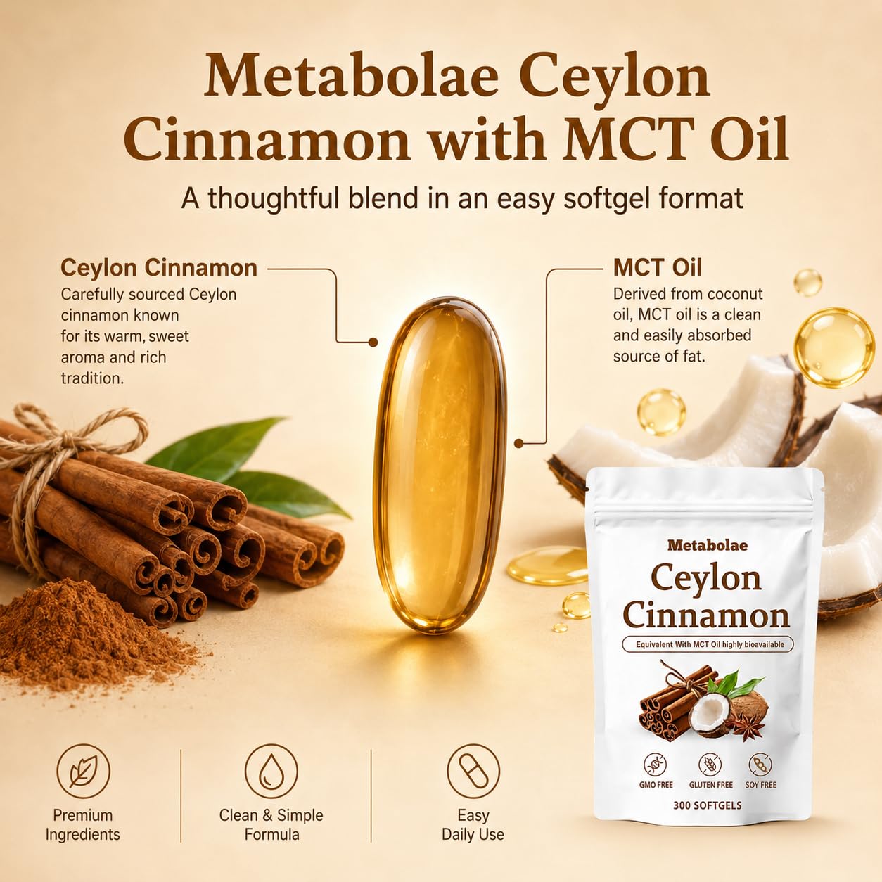 BELANO Metabolae Ceylon Cinnamon with MCT Oil, 300 Softgels