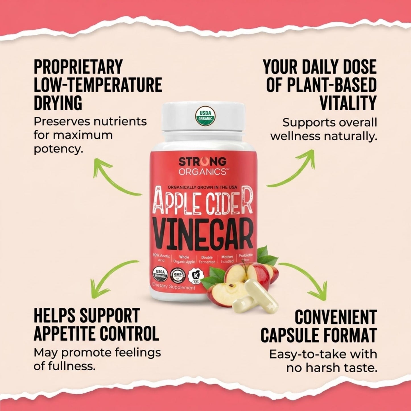 Strong Organics Organic Apple Cider Vinegar Capsules with The Mother, Vegan, 120 Capsules