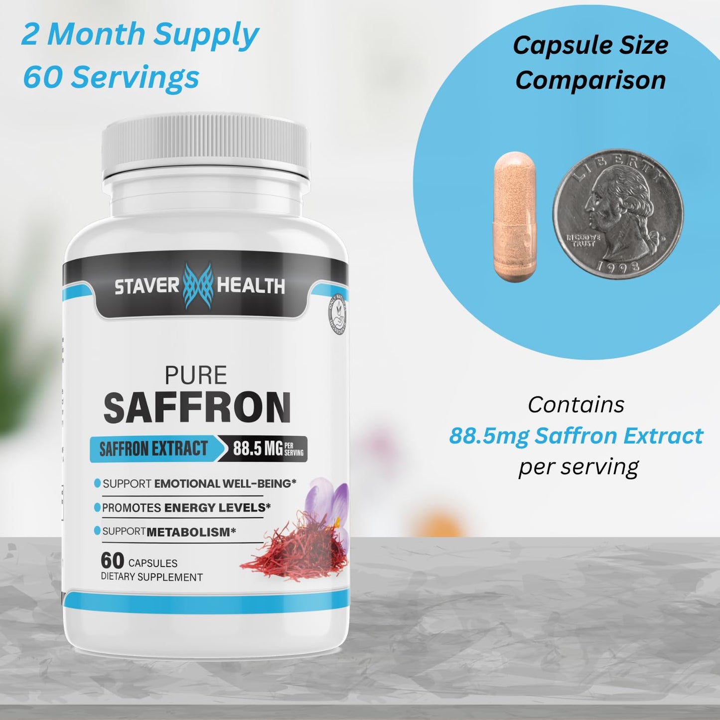 Staver Health Saffron Supplement 88.5 mg Saffron Extract Capsules, 60 Capsules