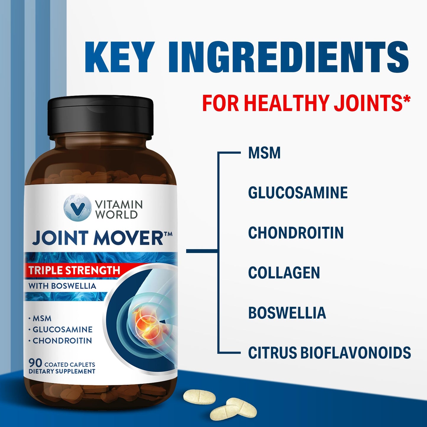 Vitamin World Triple Strength Joint Mover, Glucosamine Chondroitin with MSM Joint Support Supplement, Collagen & Boswellia Serrata Extract, Support Joint Strength, Comfort & Flexibility Caplets 90