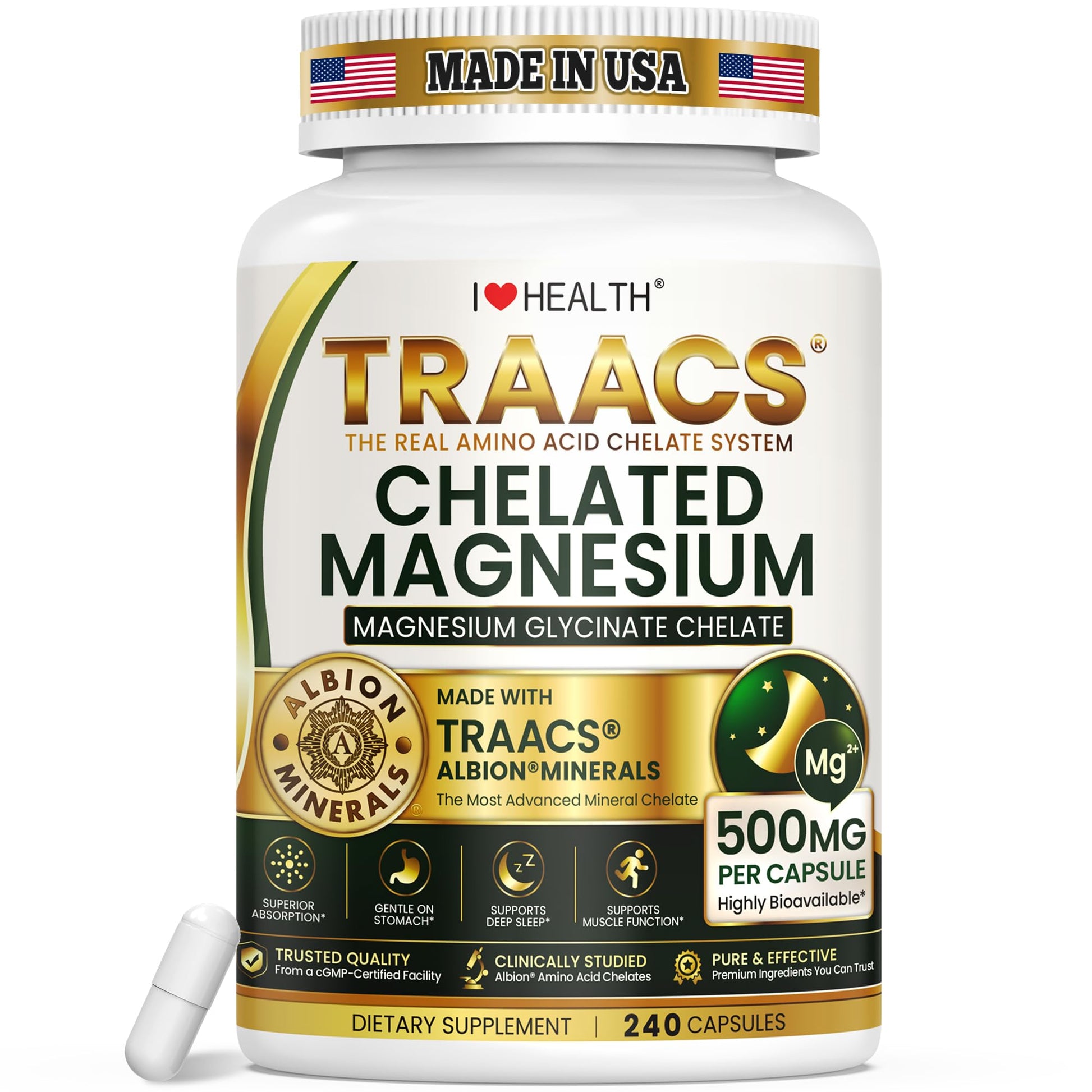 I LOVE HEALTH Magnesium Glycinate 500MG Albion TRAACS Chelated Magnesium Supplement High Absorption Magnesium for Sleep Support, Relaxation, Muscle Recovery & Nerve Health, 240 Capsules