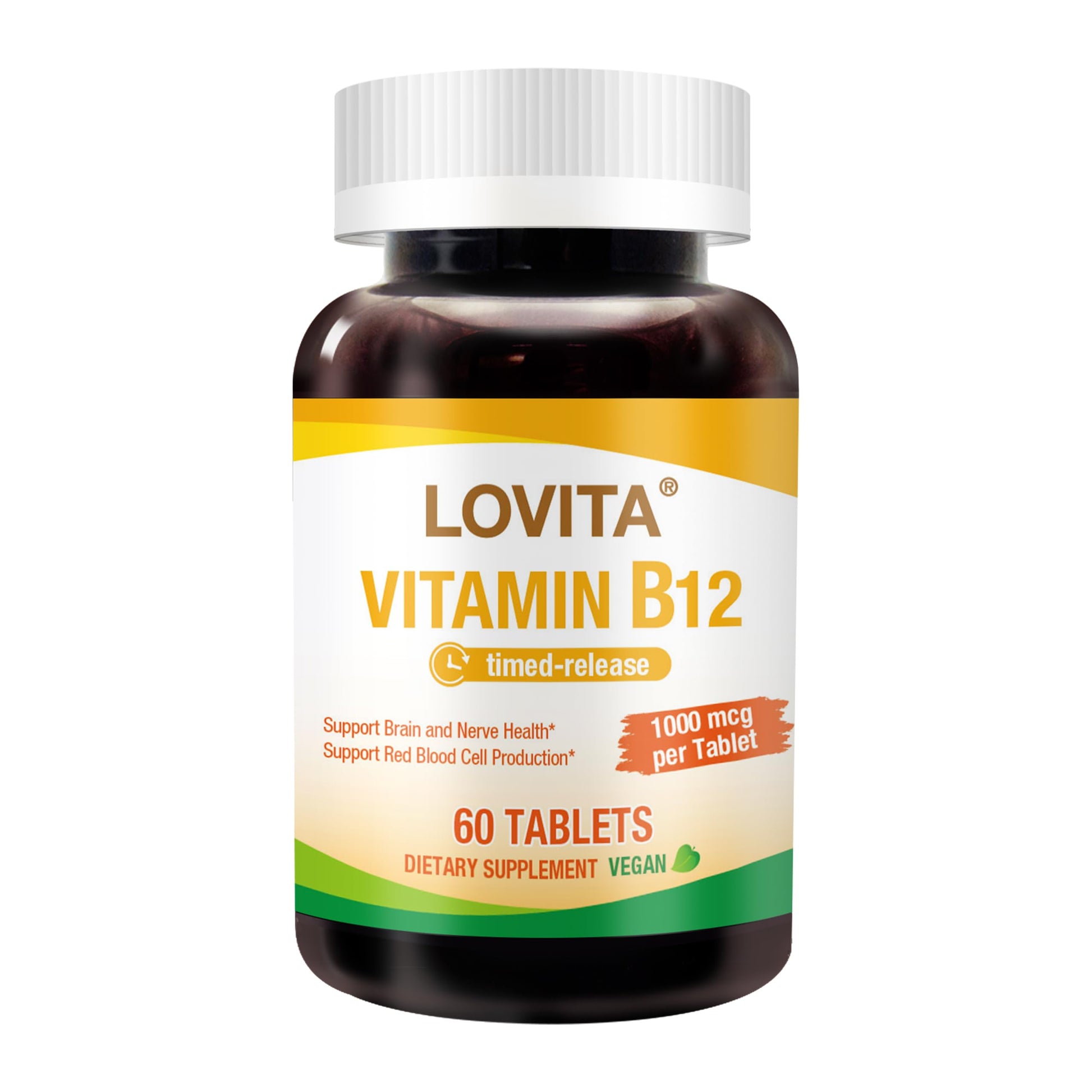 LOVITA Sustained-Release Vitamin B12 1000 mcg (as Cyanocobalamin), Timed Release, 60 Vegan Tablets